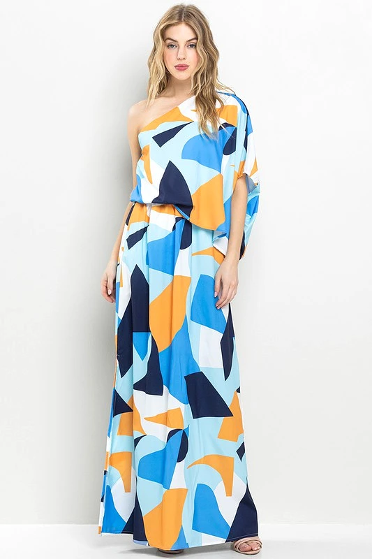 Abstract One Shoulder Maxi Dress- Blue