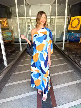 Abstract One Shoulder Maxi Dress- Blue