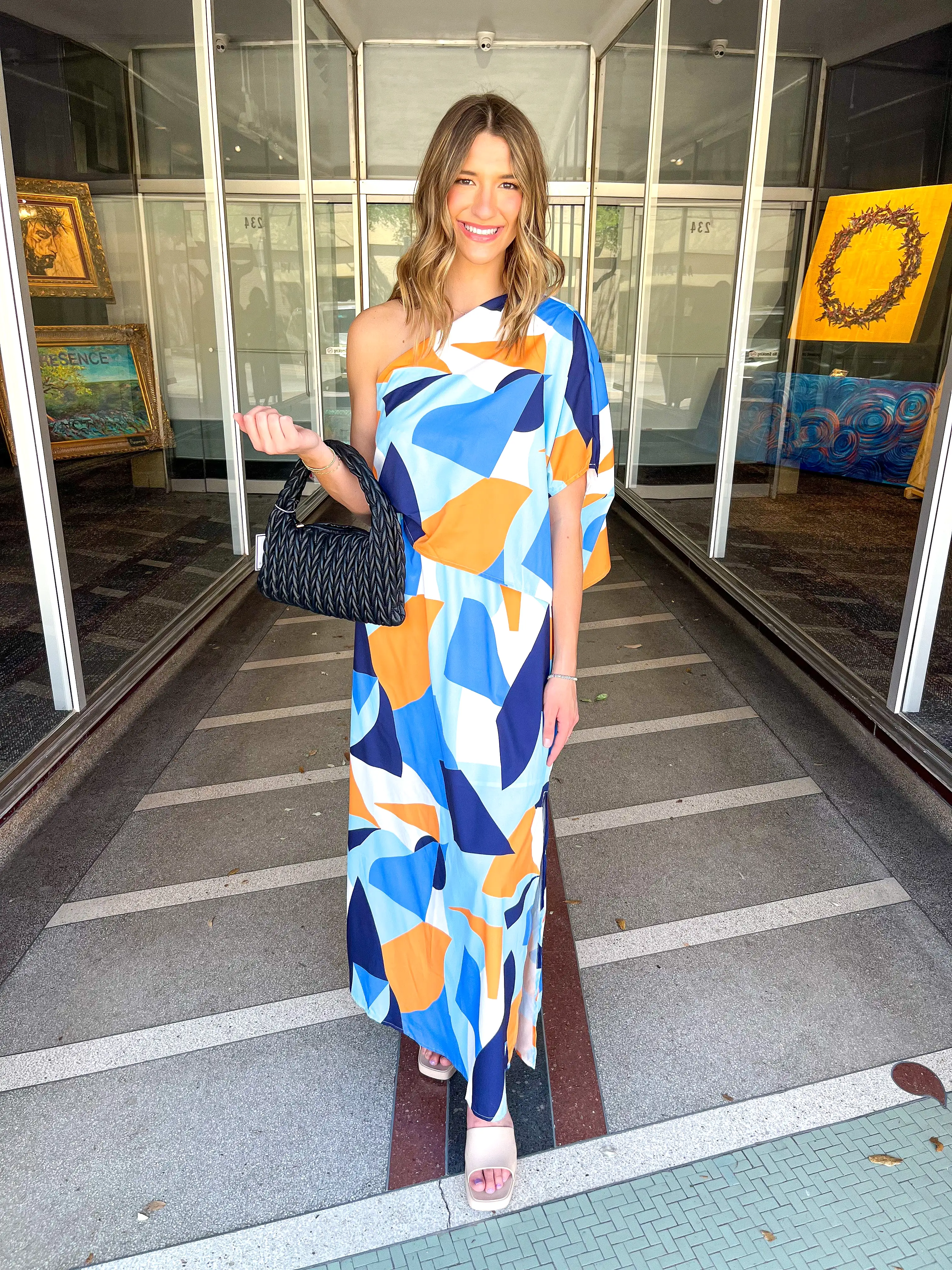 Abstract One Shoulder Maxi Dress- Blue