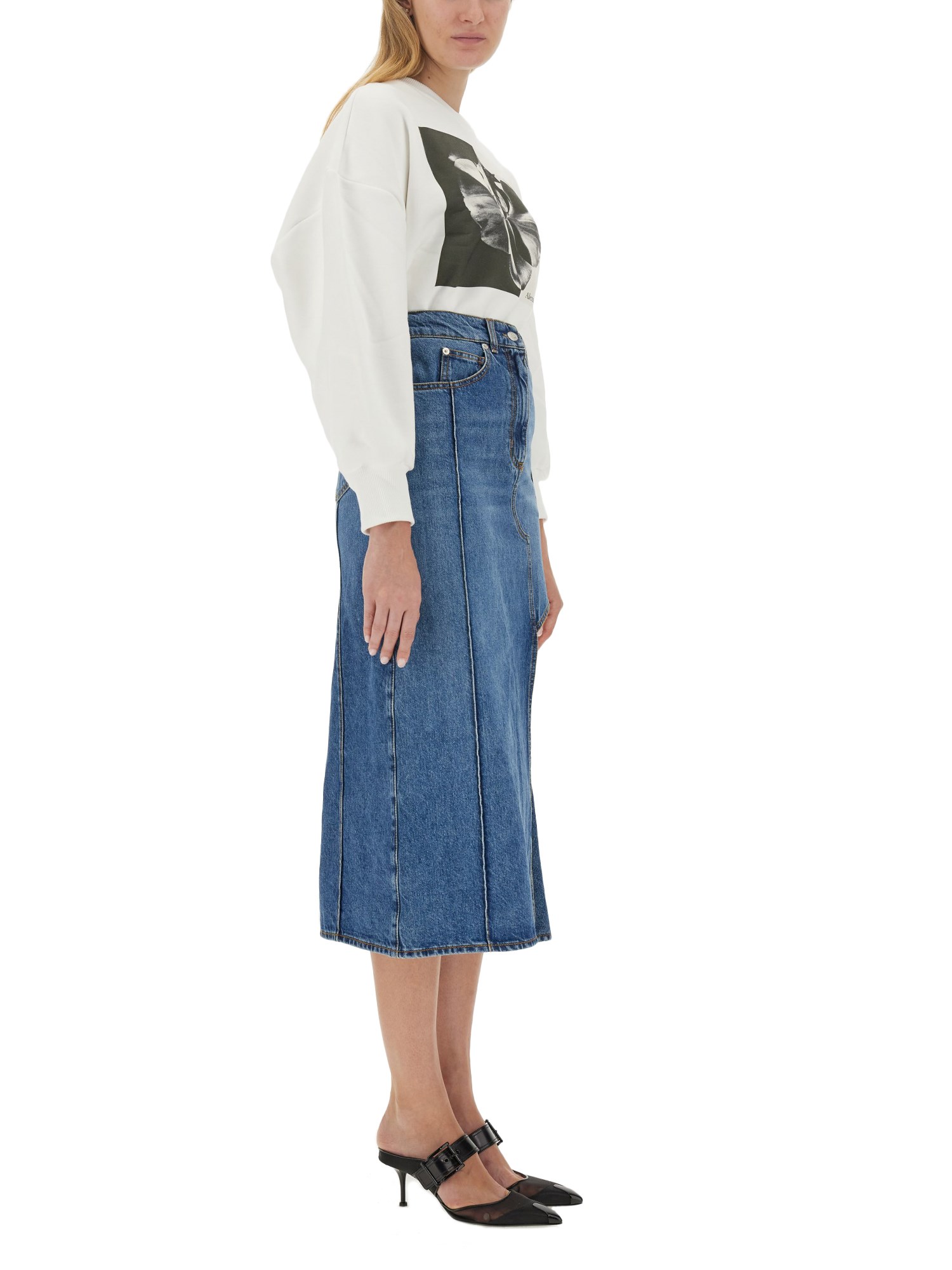 ALEXANDER McQUEEN    COTTON DENIM CUT-OUT PENCIL SKIRT