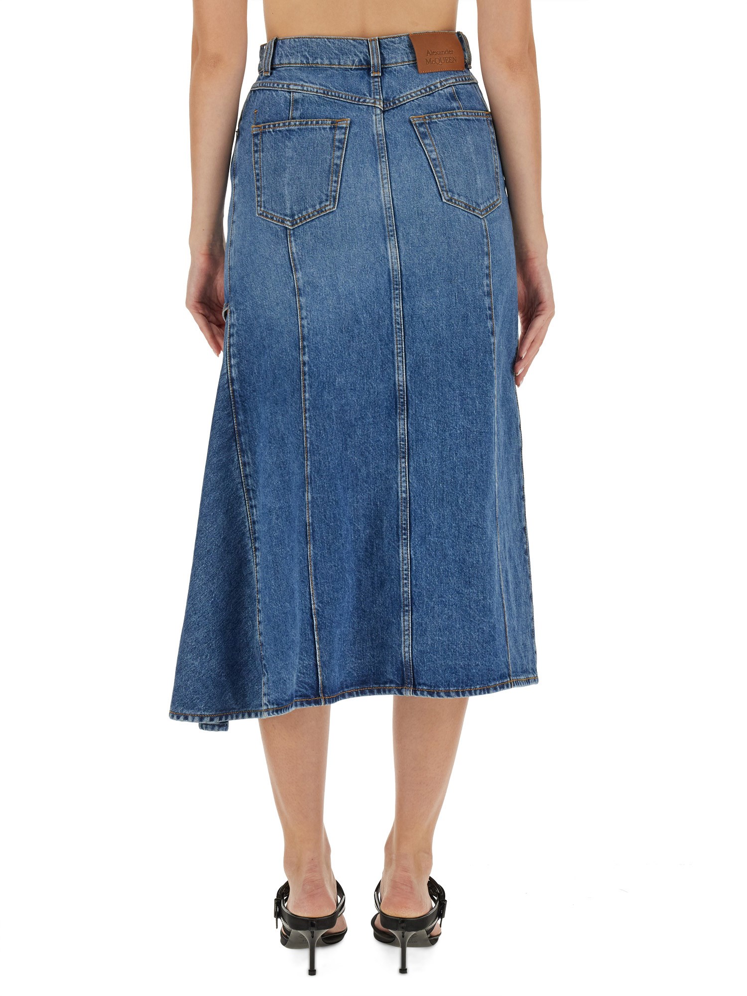 ALEXANDER McQUEEN    COTTON DENIM CUT-OUT PENCIL SKIRT