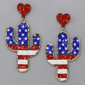 American Flag Cactus Glitter Drop Earrings