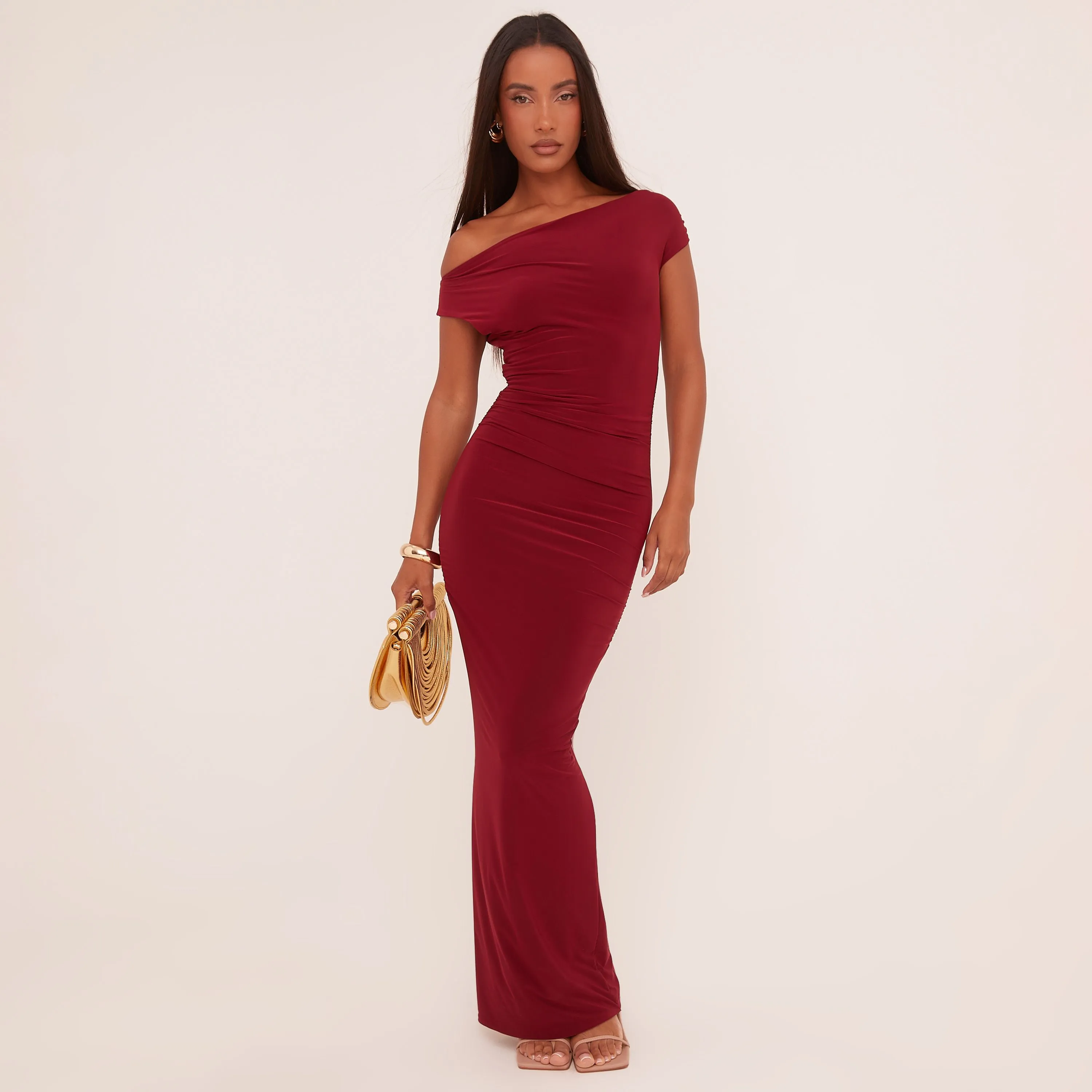 Asymmetric One Shoulder Ruched Detail Maxi Dress In Wine Slinky