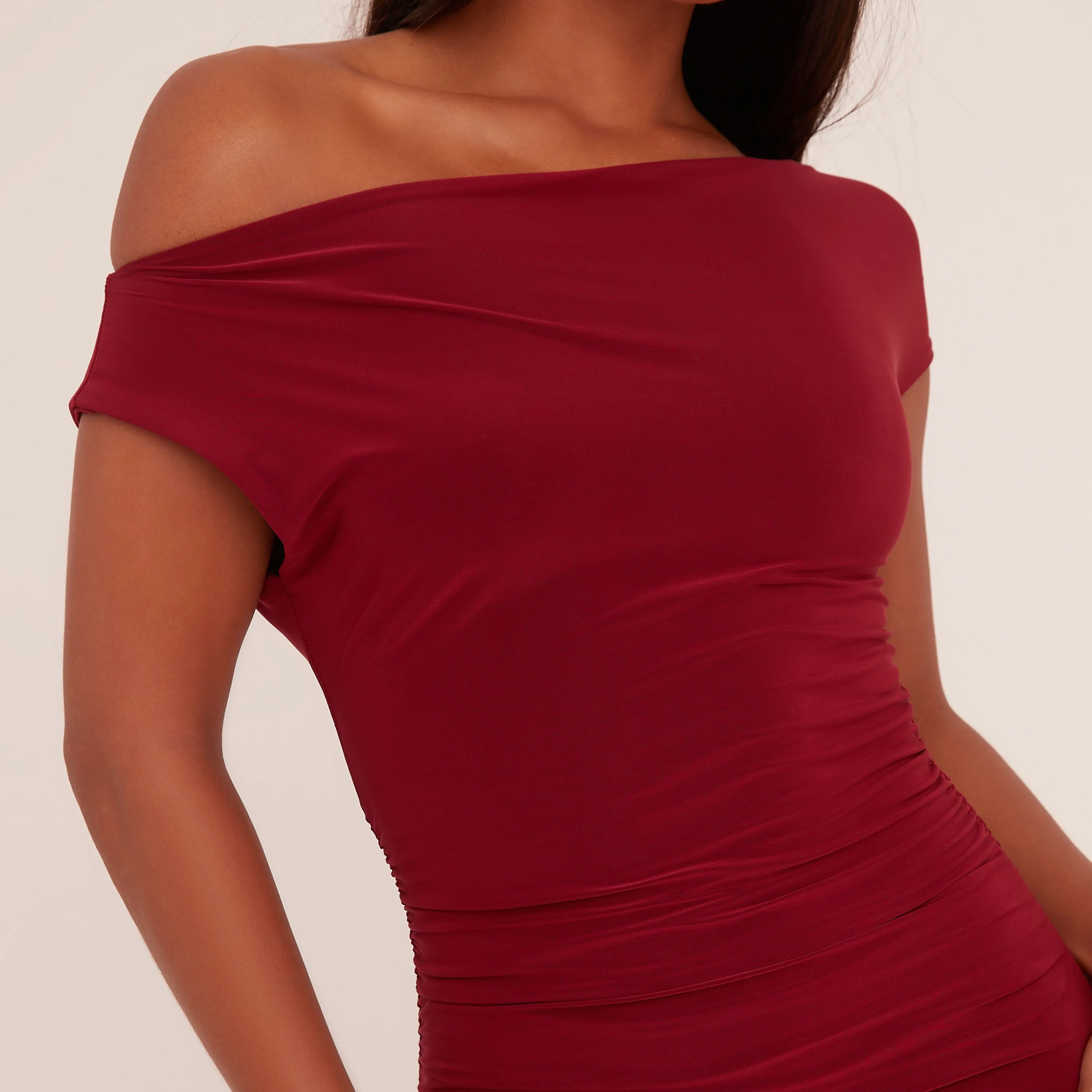 Asymmetric One Shoulder Ruched Detail Maxi Dress In Wine Slinky