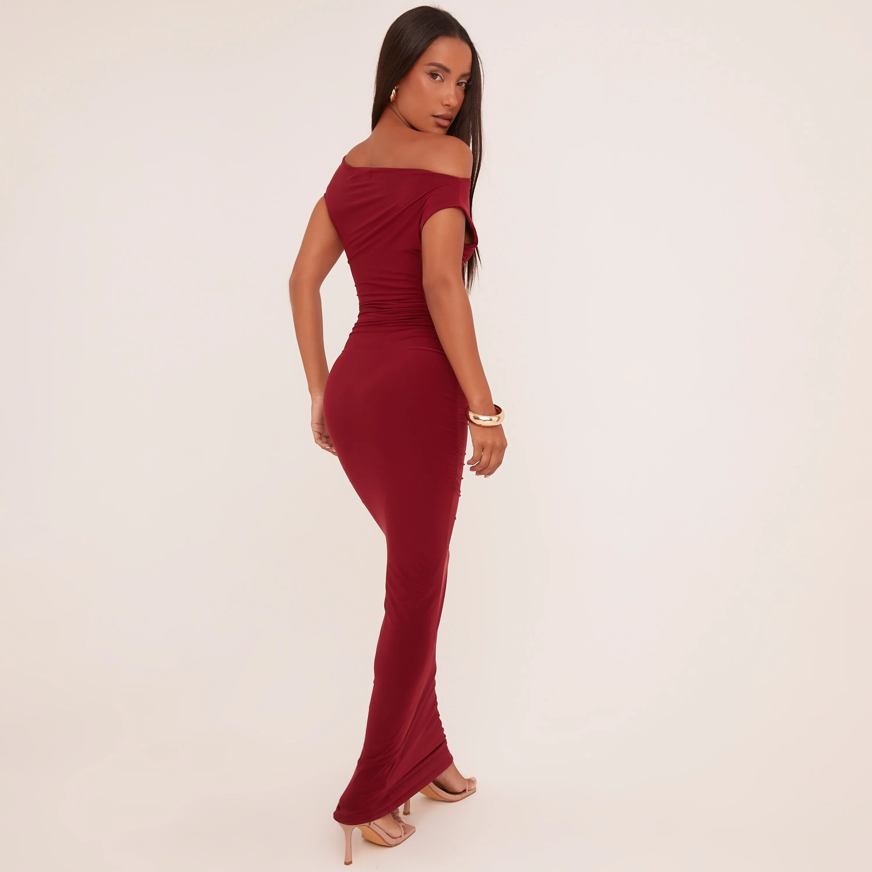 Asymmetric One Shoulder Ruched Detail Maxi Dress In Wine Slinky