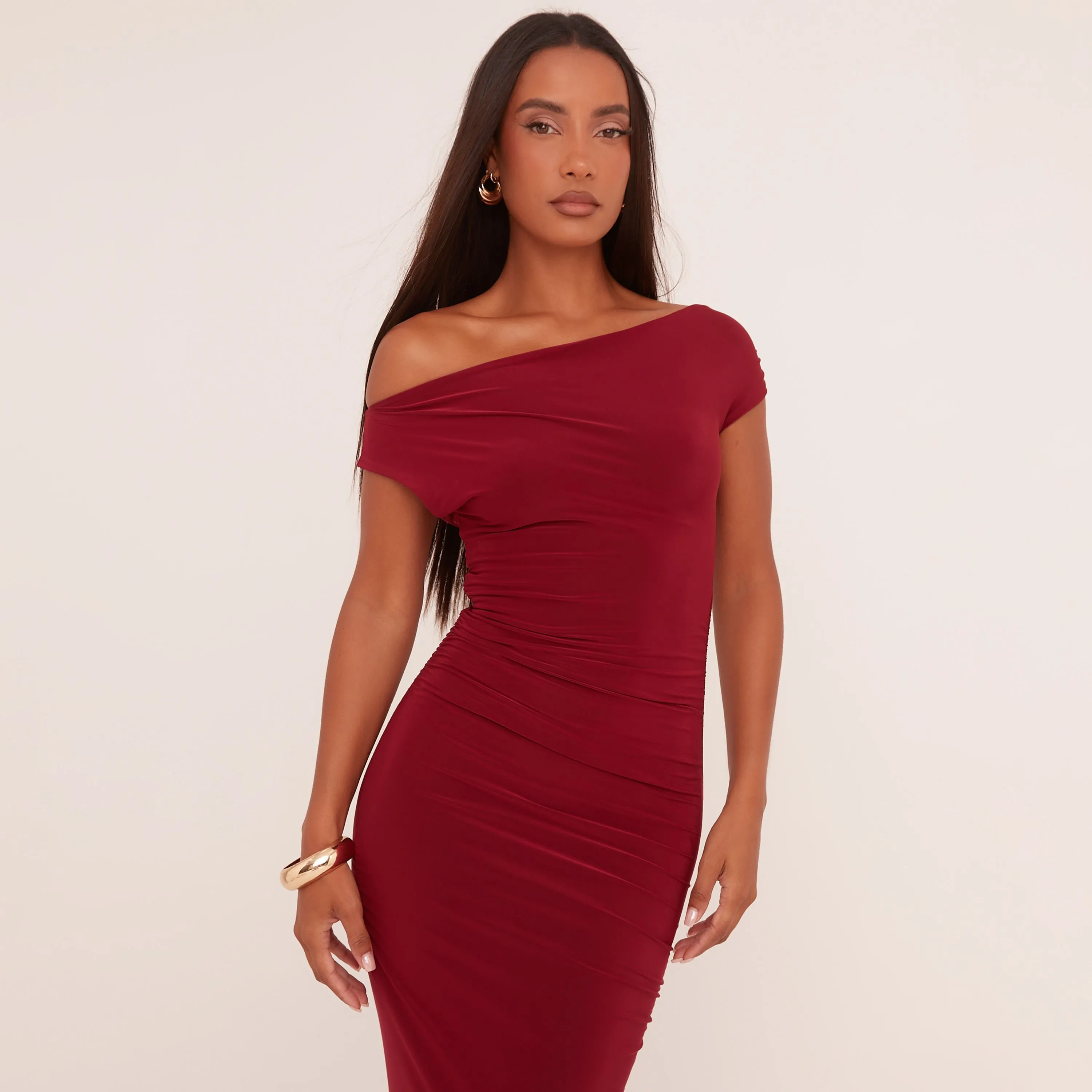 Asymmetric One Shoulder Ruched Detail Maxi Dress In Wine Slinky