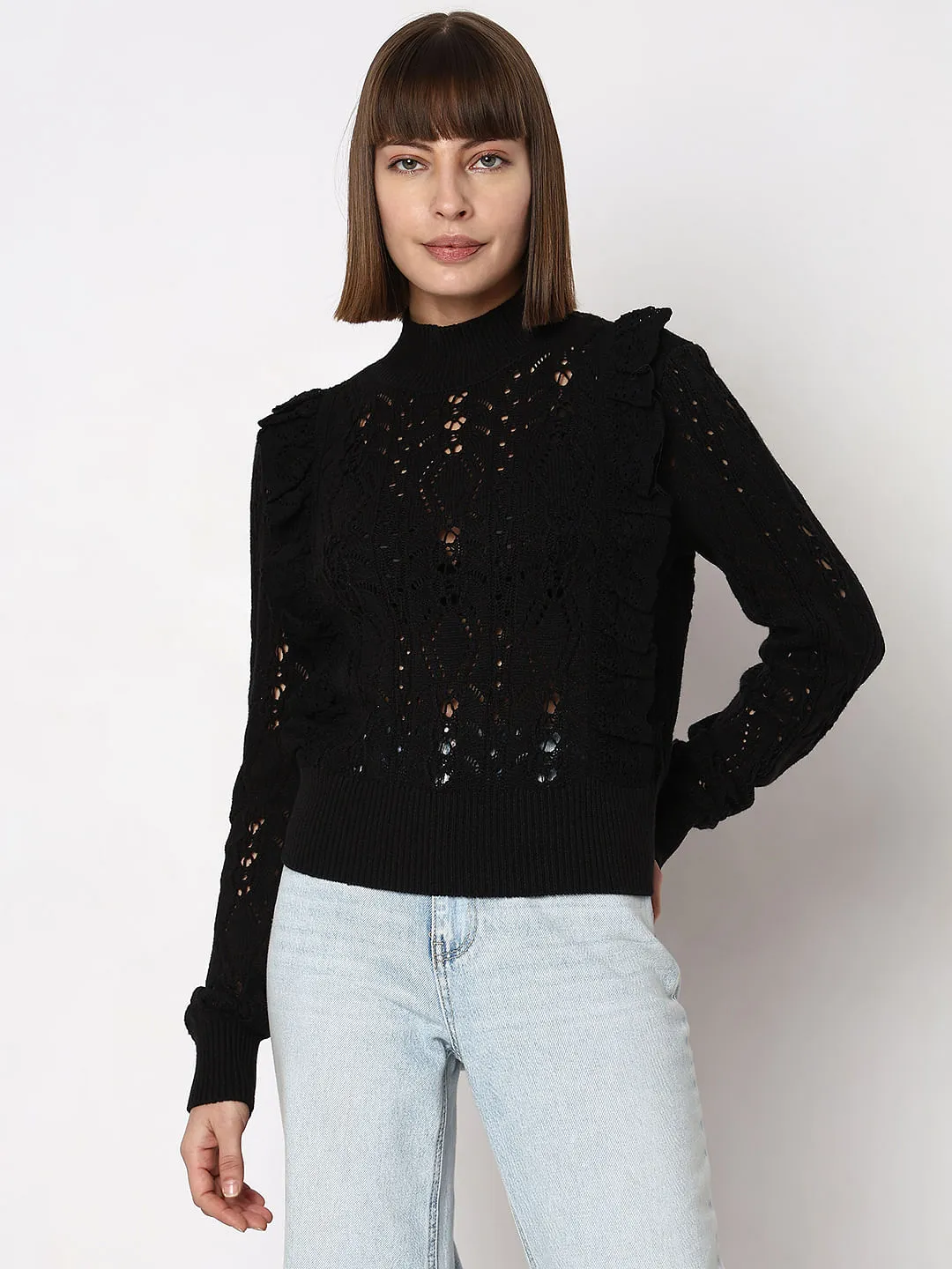 Black High Neck Pointelle Pullover