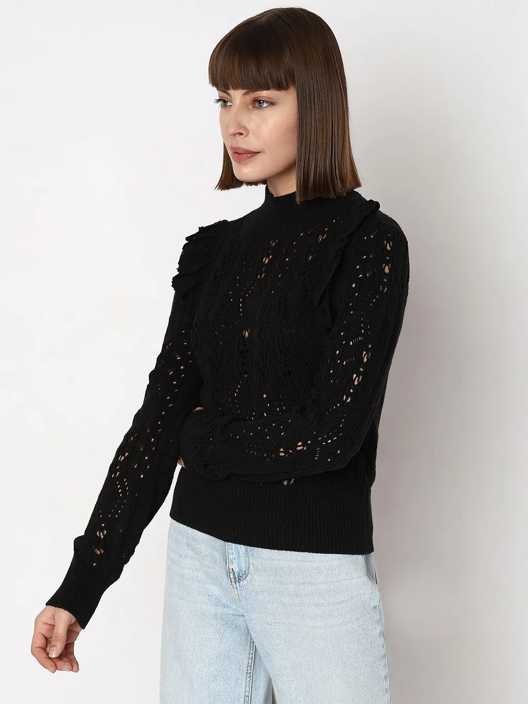 Black High Neck Pointelle Pullover