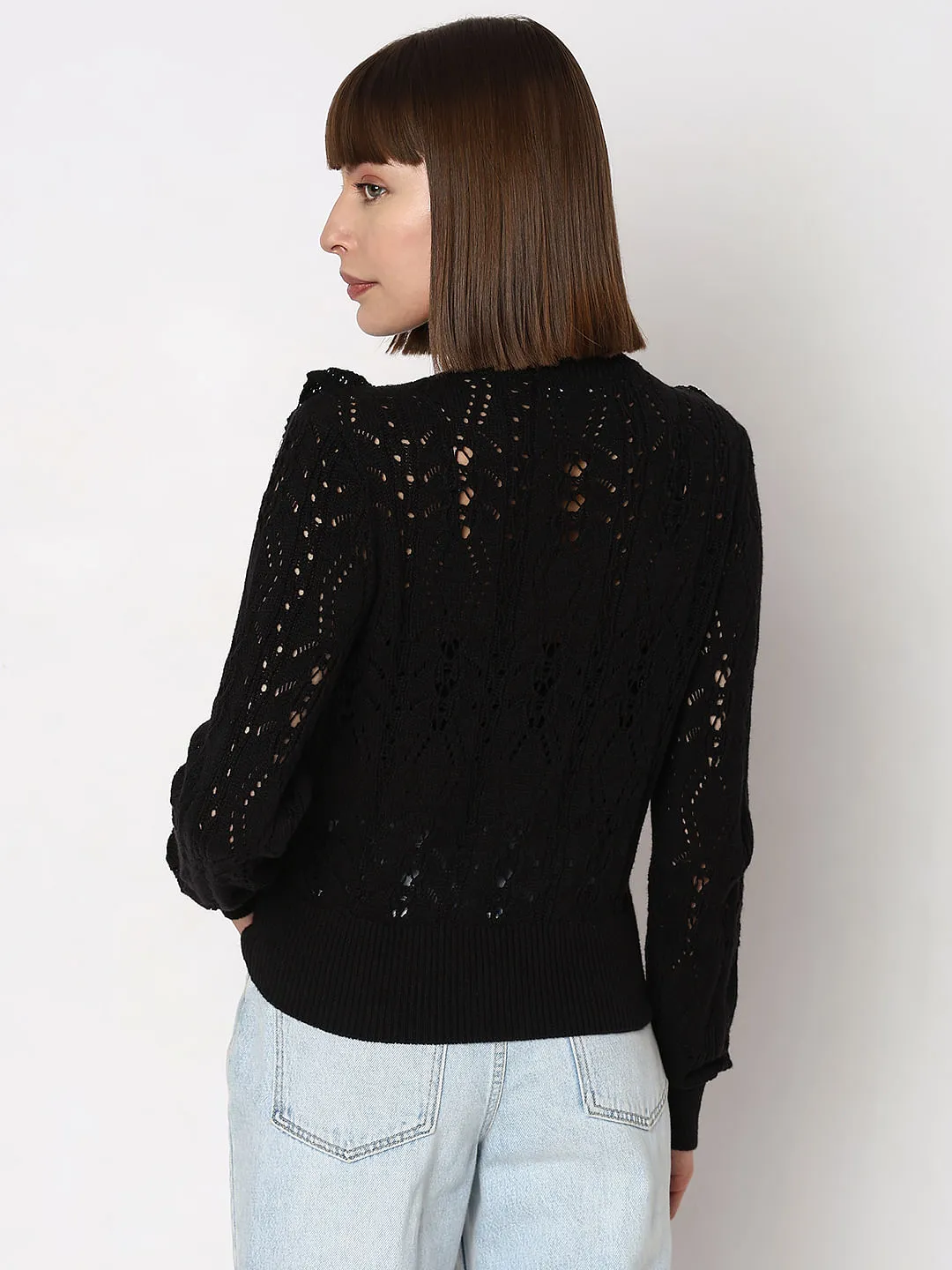 Black High Neck Pointelle Pullover