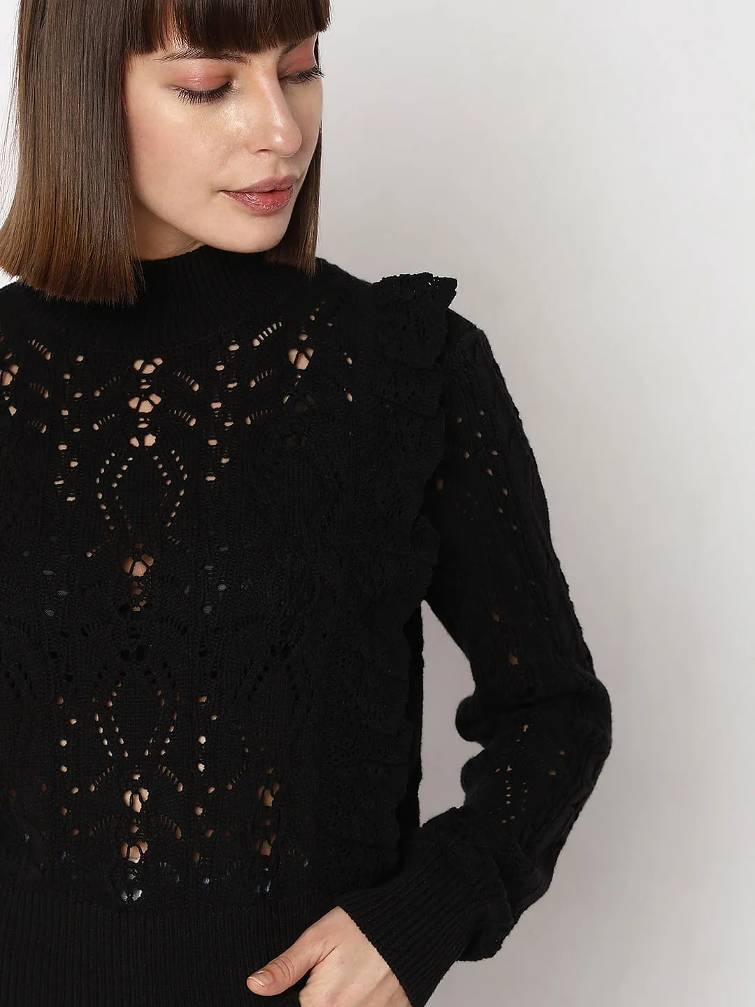 Black High Neck Pointelle Pullover