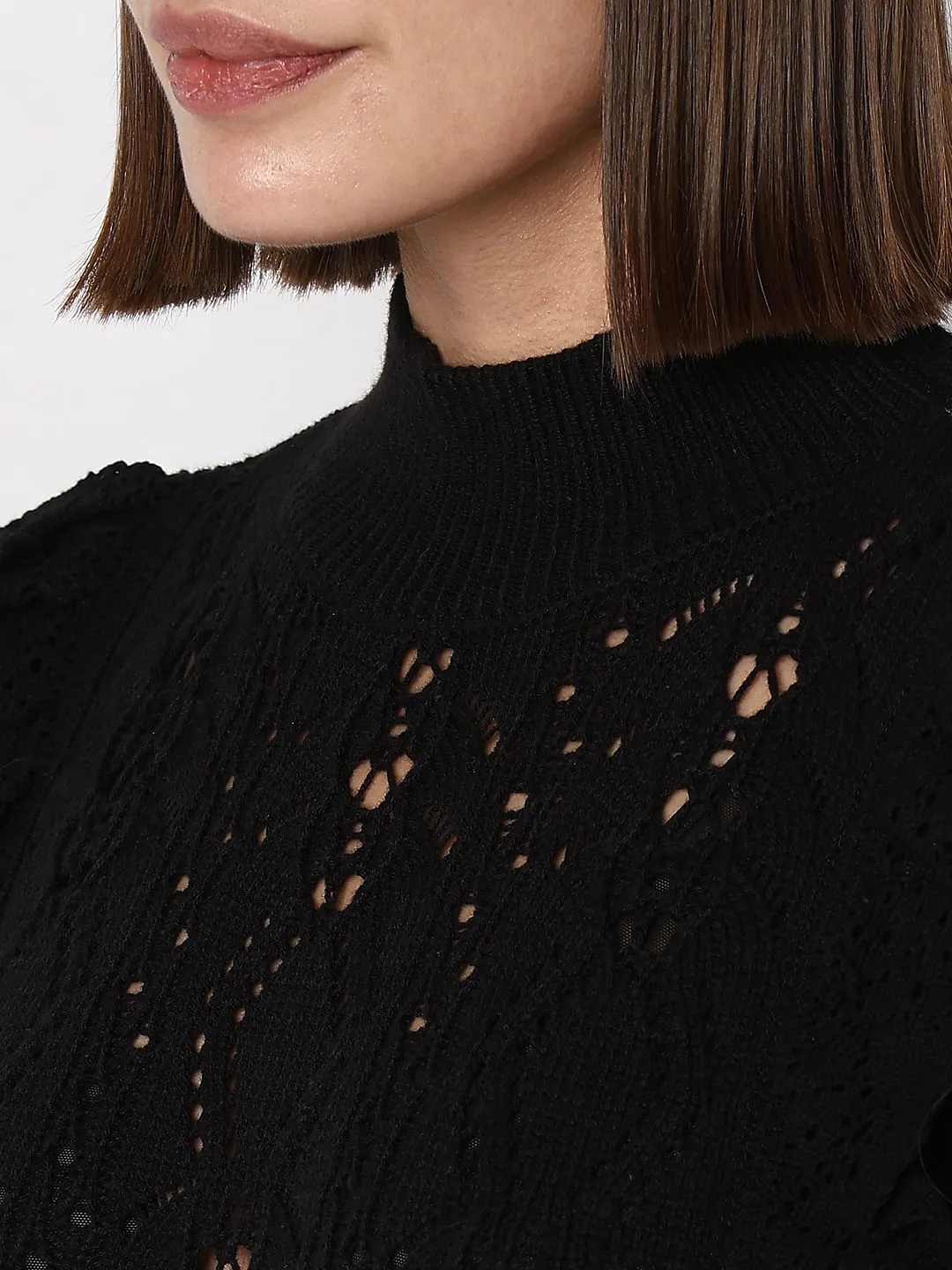 Black High Neck Pointelle Pullover