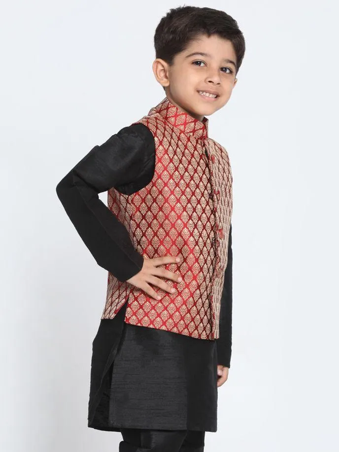 Boys' Maroon Cotton Silk Blend Nehru Jacket