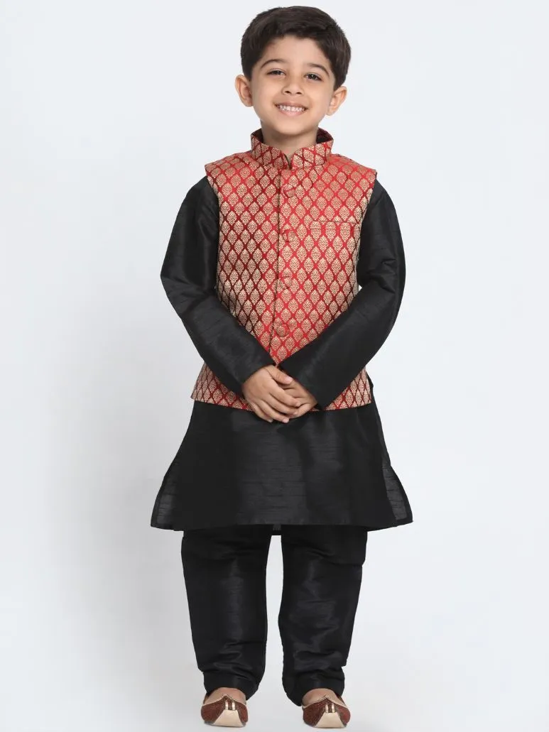 Boys' Maroon Cotton Silk Blend Nehru Jacket