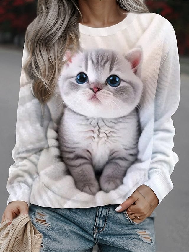 Cat Print Sweatshirt Pullover - White/Yellow/Gray