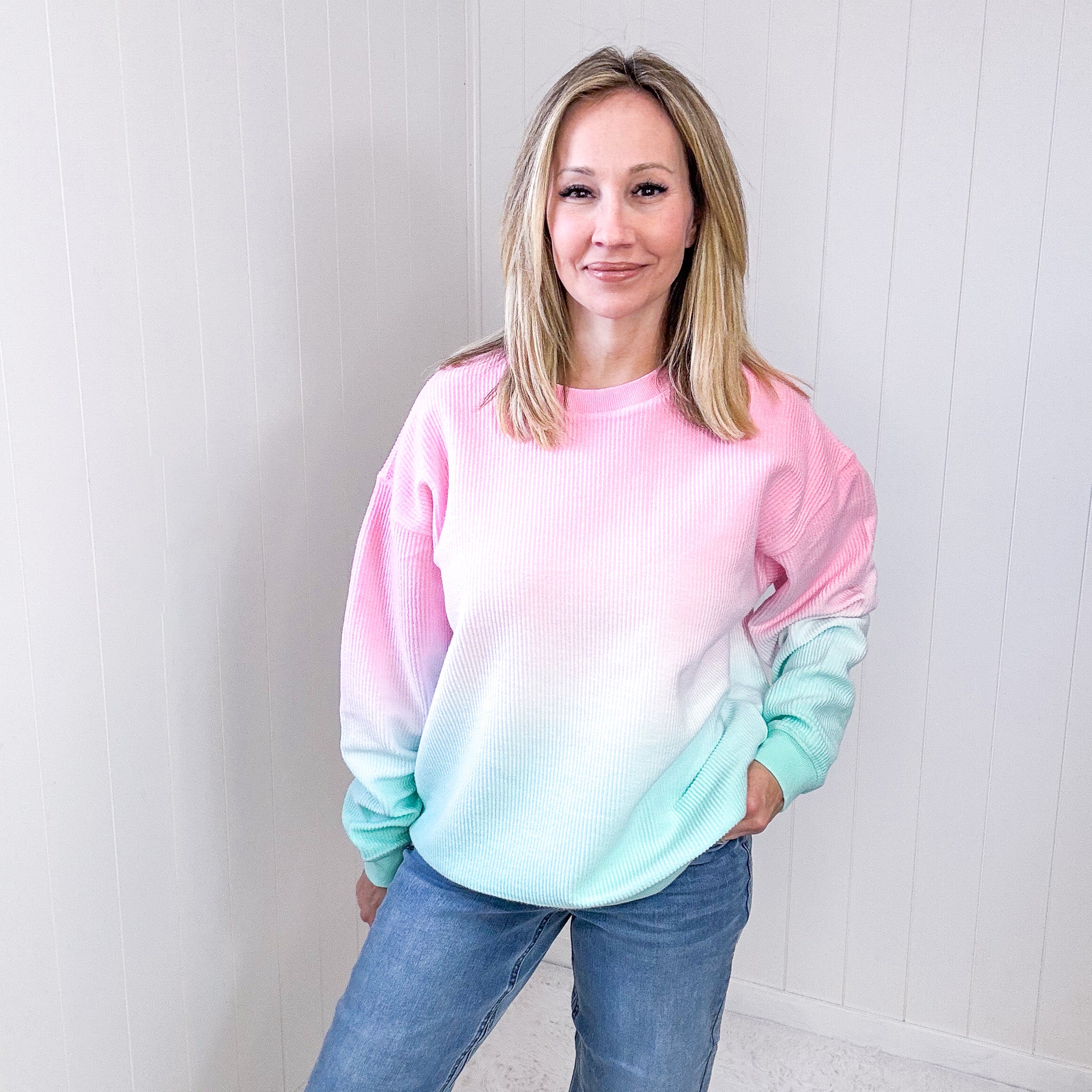 Cotton Candy Pink and Mint Ombre Luxe Soft Corded Pullover