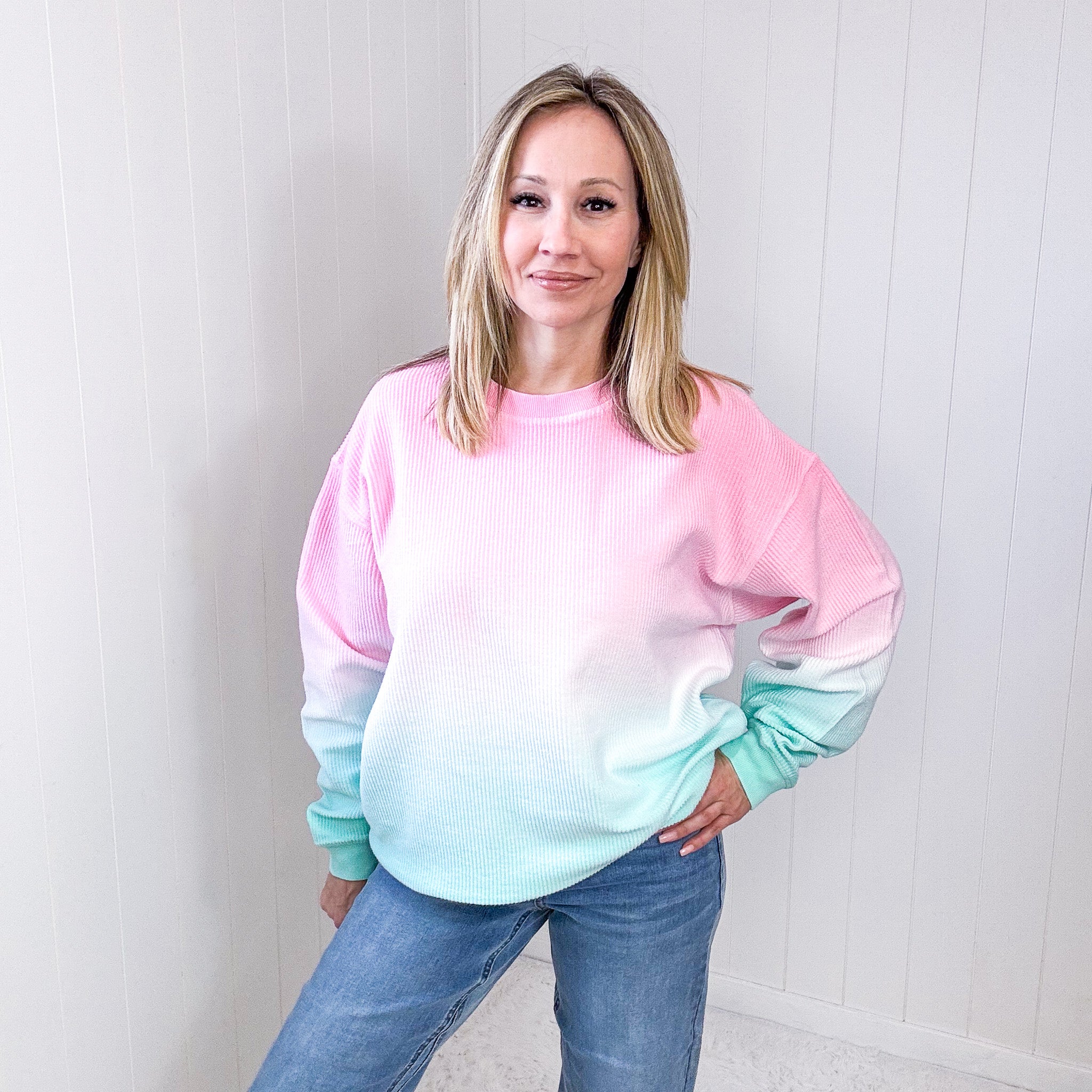 Cotton Candy Pink and Mint Ombre Luxe Soft Corded Pullover