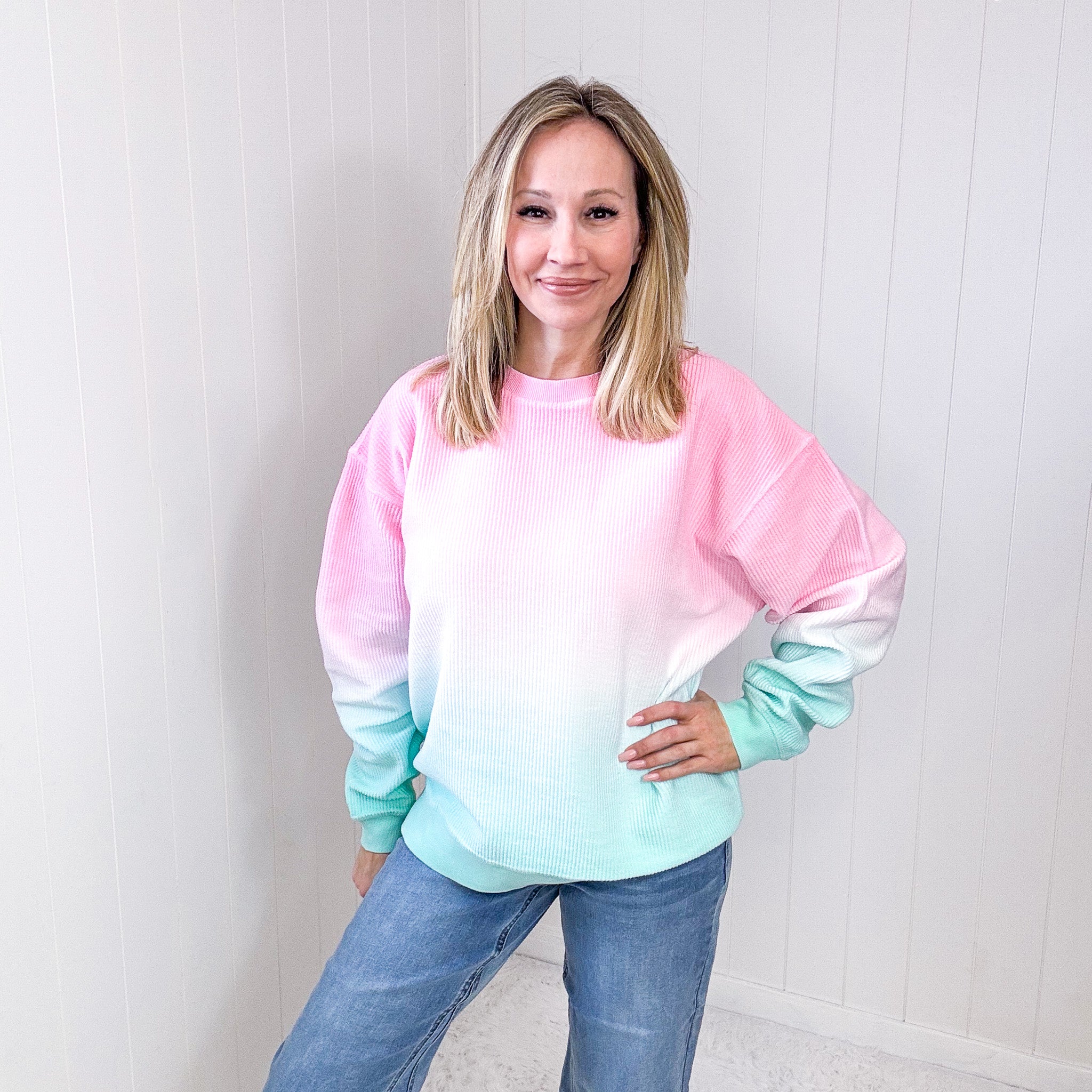 Cotton Candy Pink and Mint Ombre Luxe Soft Corded Pullover