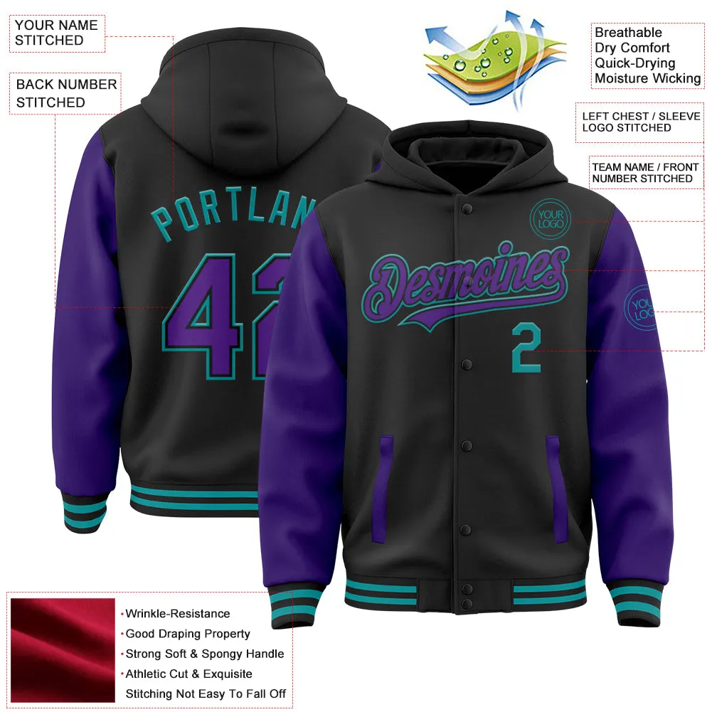 Custom Black Purple-Teal Bomber Full-Snap Varsity Letterman Two Tone Hoodie Jacket