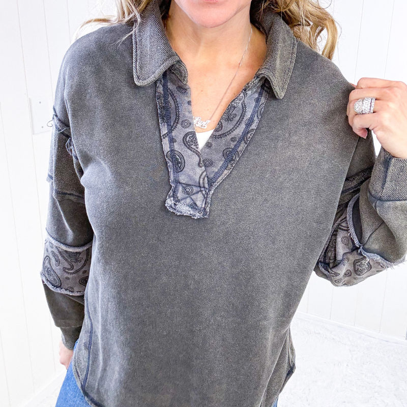 Dark Grey Solid and Paisley Mineral Wash Pullover