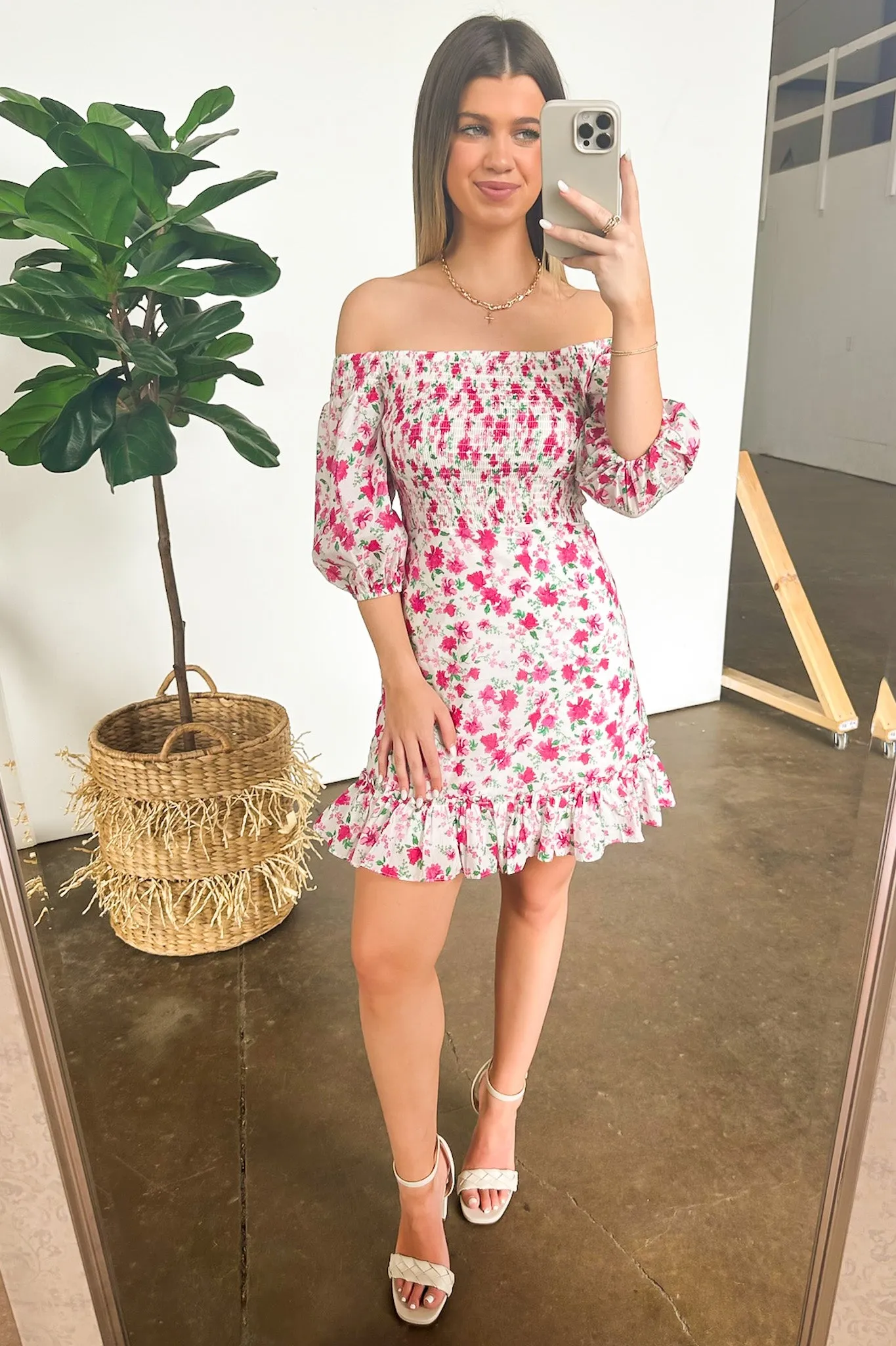 Darling Icon Off Shoulder Smocked Floral Dress