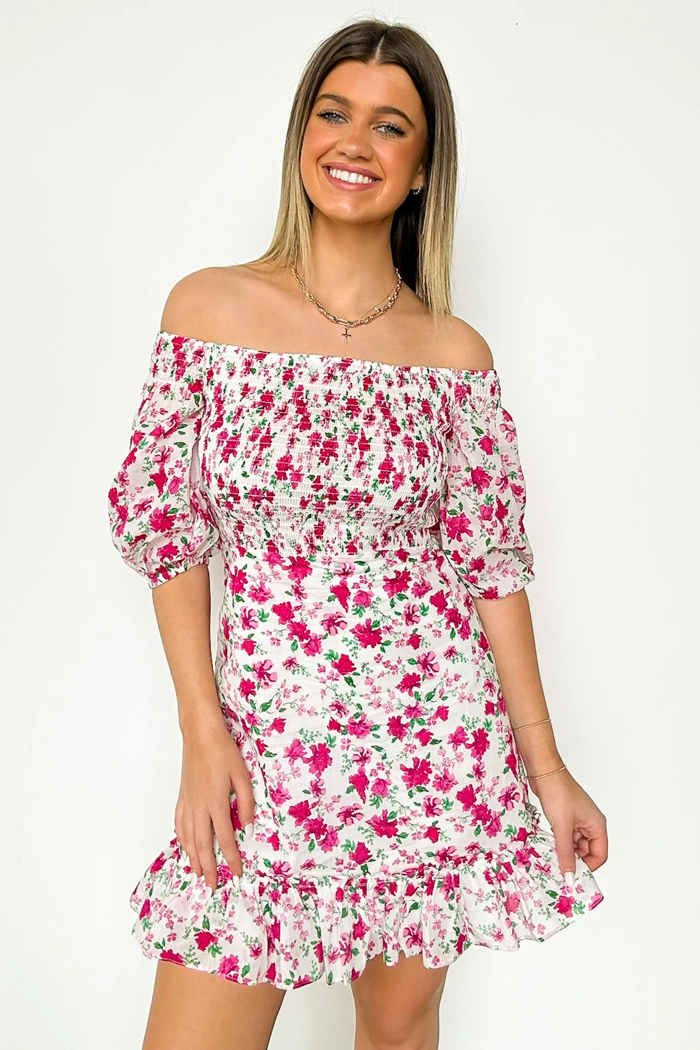 Darling Icon Off Shoulder Smocked Floral Dress