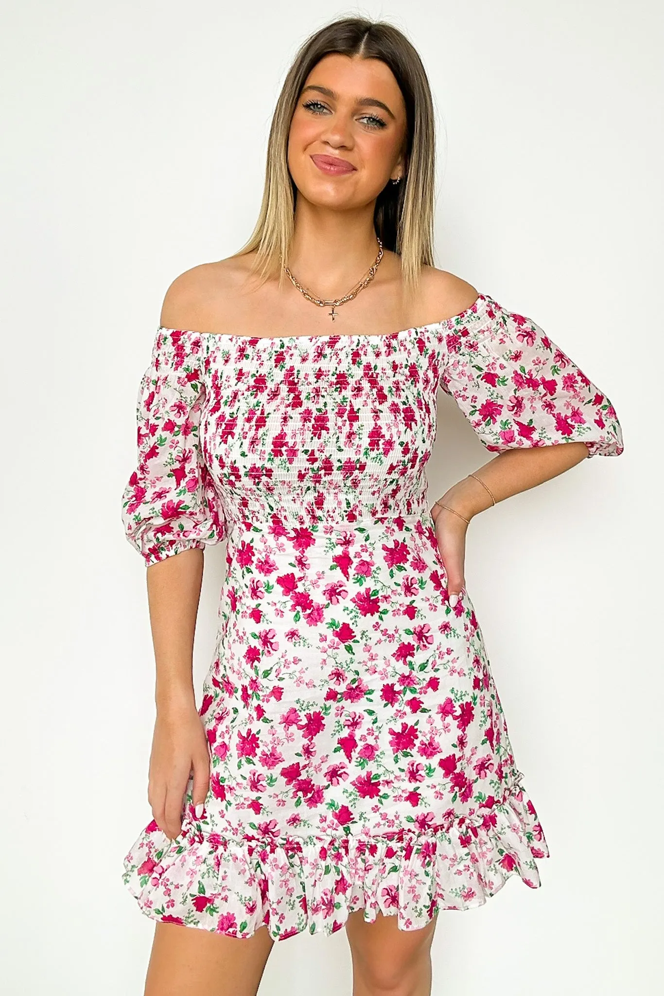 Darling Icon Off Shoulder Smocked Floral Dress