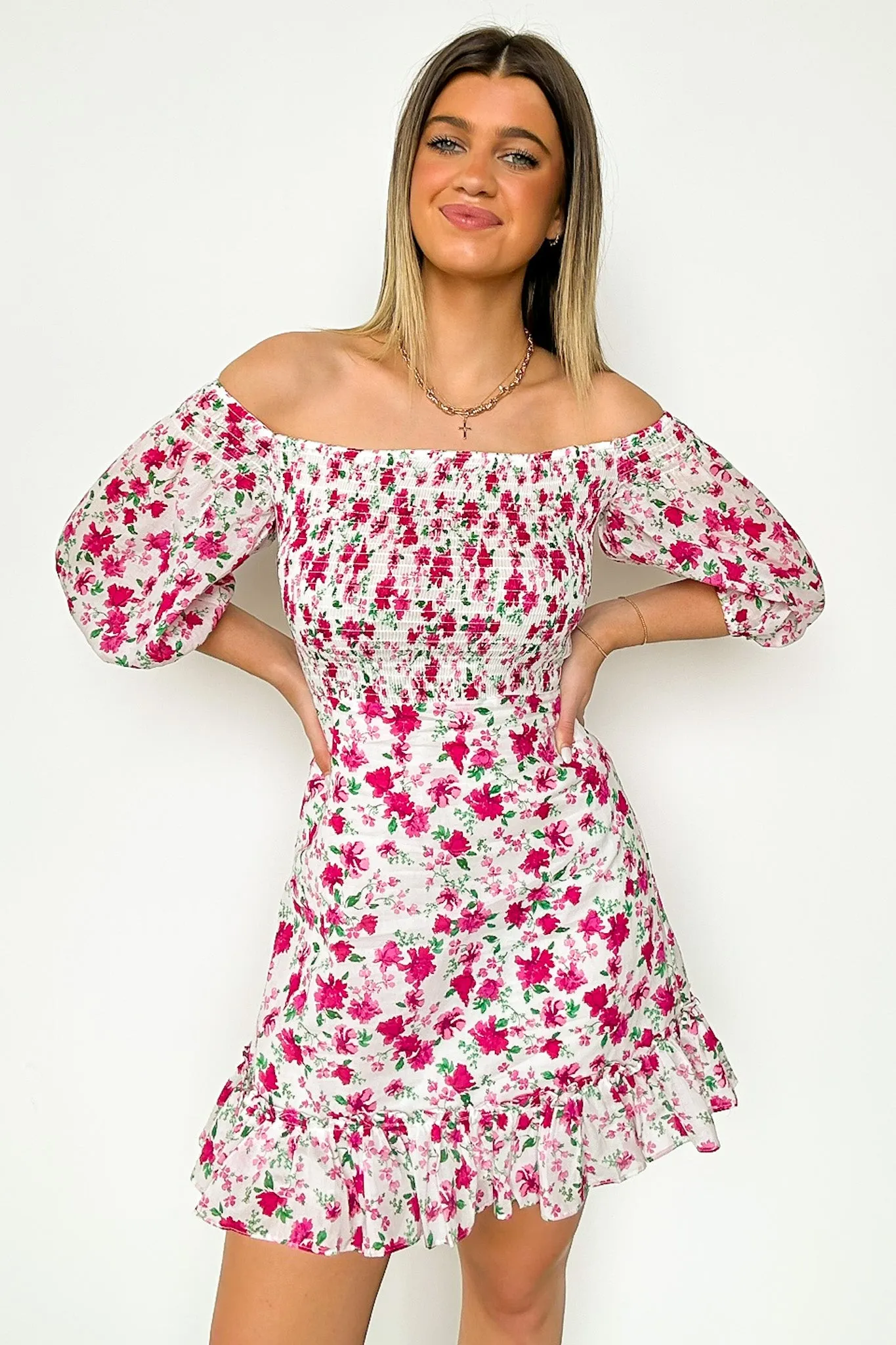 Darling Icon Off Shoulder Smocked Floral Dress