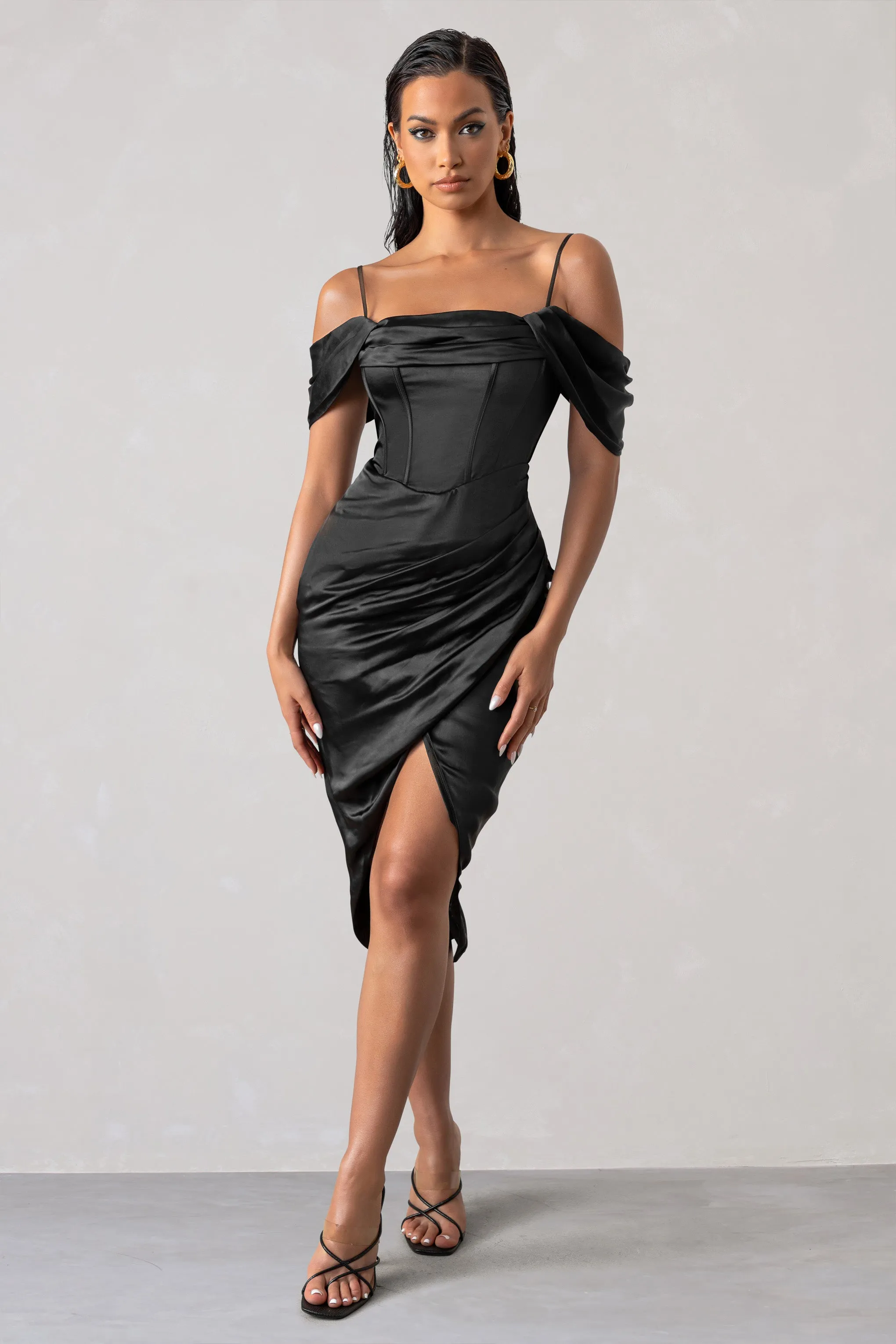 Deserving | Black Satin Bardot Sleeve Corset Wrap Midi Dress