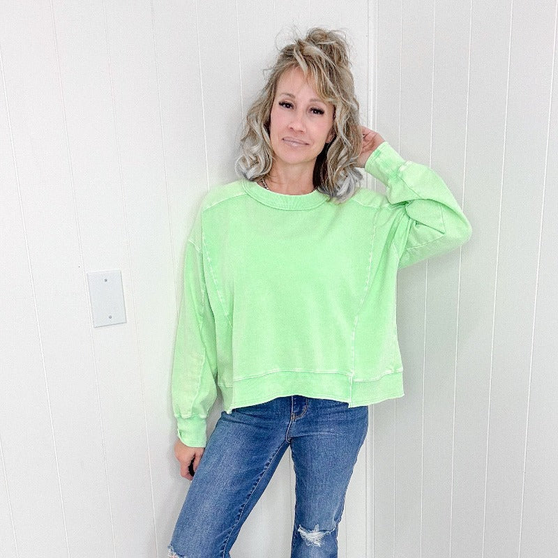 Easel Washed Lime Lightweight Long Sleeve Pullover