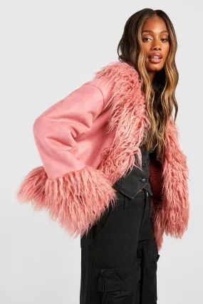 Faux Fur Trim Short Suedette Coat