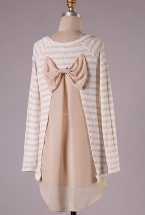 Final Sale - Snowed In Sheer Bow Back Sweater Tunic in Taupe