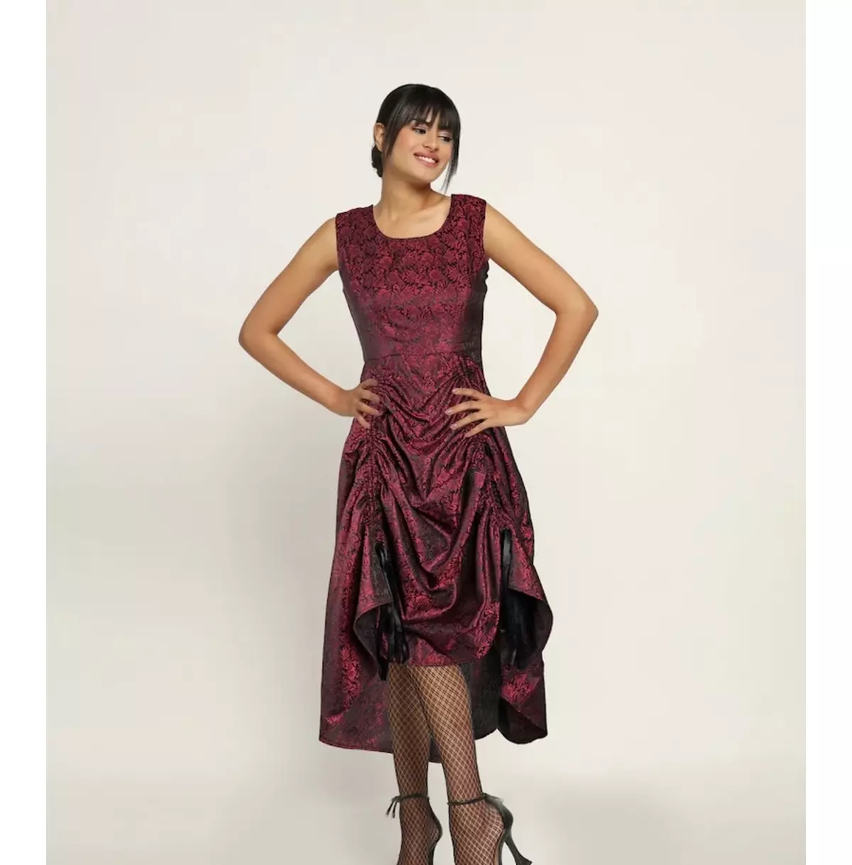 Gothic Red Black Brocade Dress, Adjustable High-Low Hem and Corset Back