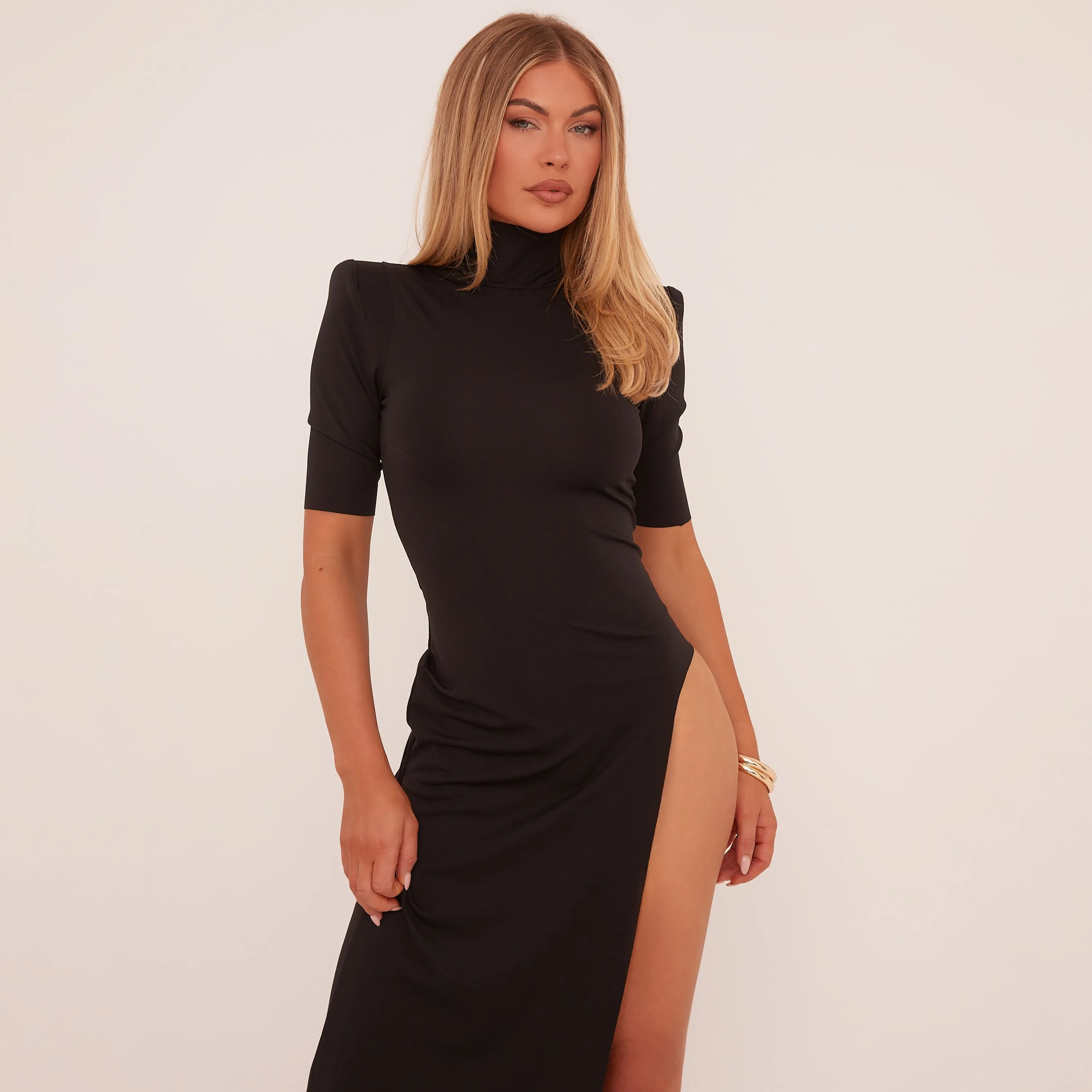 High Neck Short Sleeve Extreme Shoulder Pad Detail Side Split Maxi Dress In Black Slinky