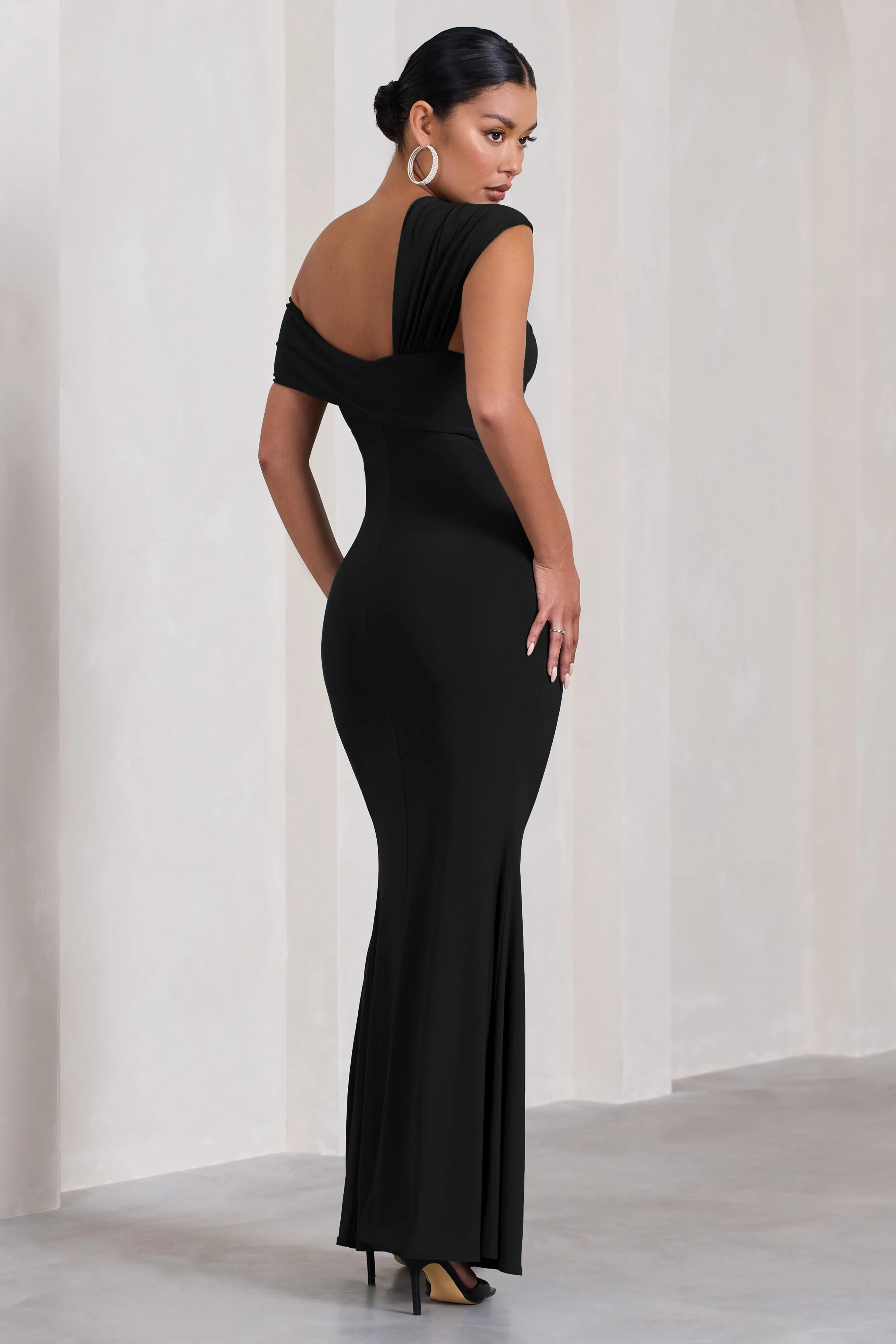 Kara | Black Asymmetric Twisted Bardot Split Maternity Maxi Dress