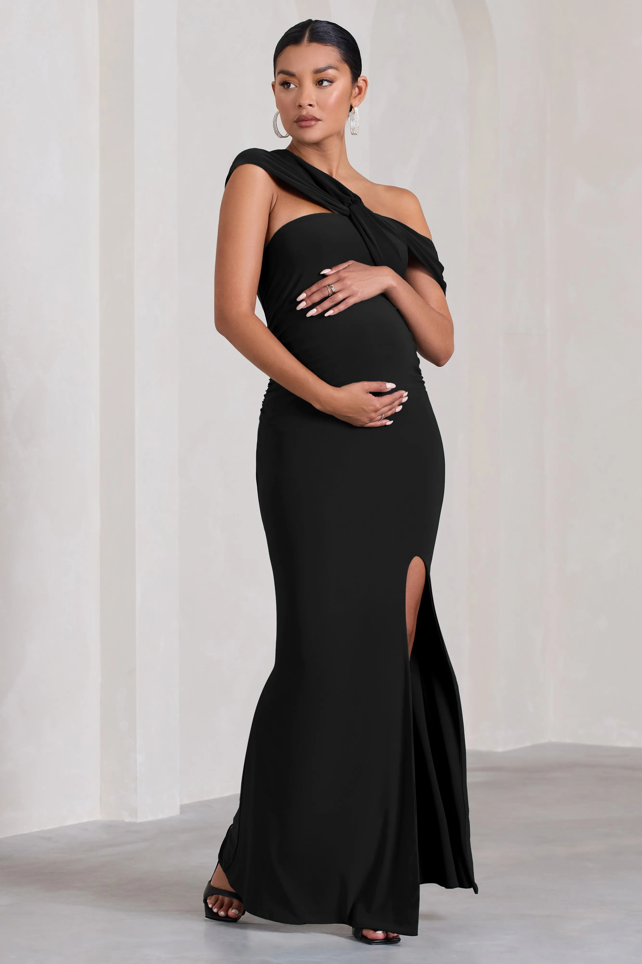 Kara | Black Asymmetric Twisted Bardot Split Maternity Maxi Dress