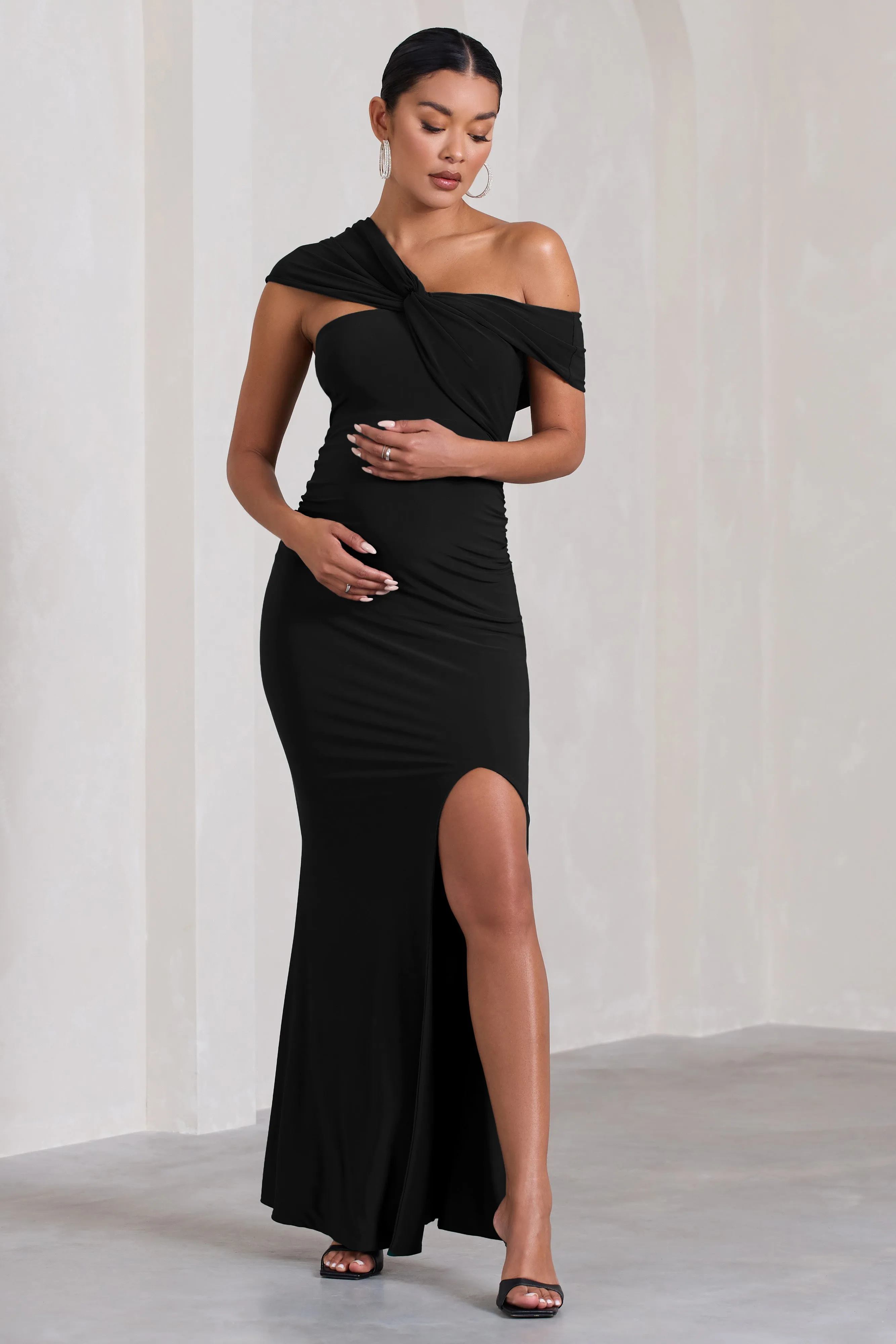 Kara | Black Asymmetric Twisted Bardot Split Maternity Maxi Dress