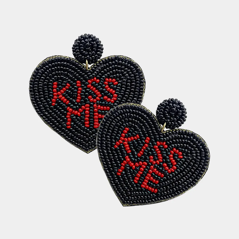 Kiss Me Seed Beaded Heart Dangle Earrings