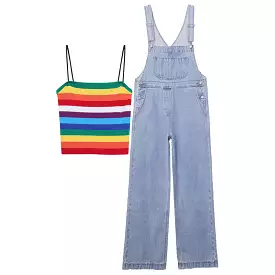 KOREAN RAINBOW STRIPE VEST+ DENIM OVERALLS  BY63103