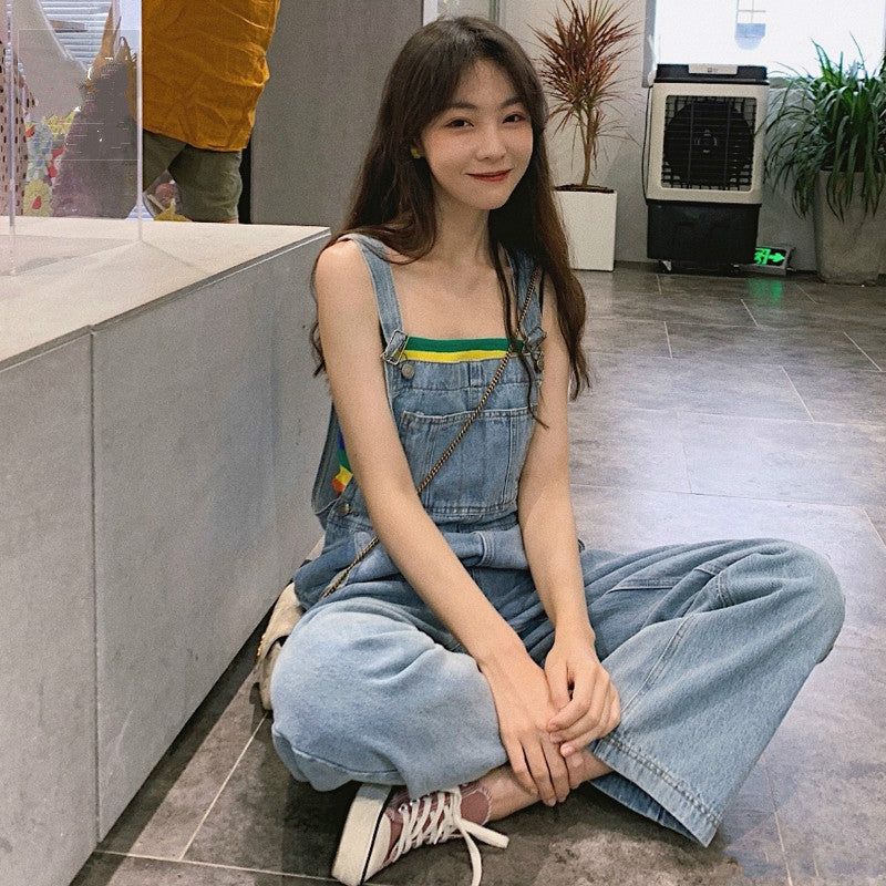 KOREAN RAINBOW STRIPE VEST+ DENIM OVERALLS  BY63103