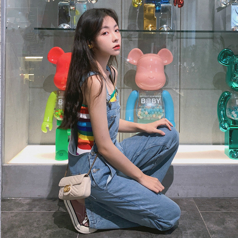 KOREAN RAINBOW STRIPE VEST+ DENIM OVERALLS  BY63103