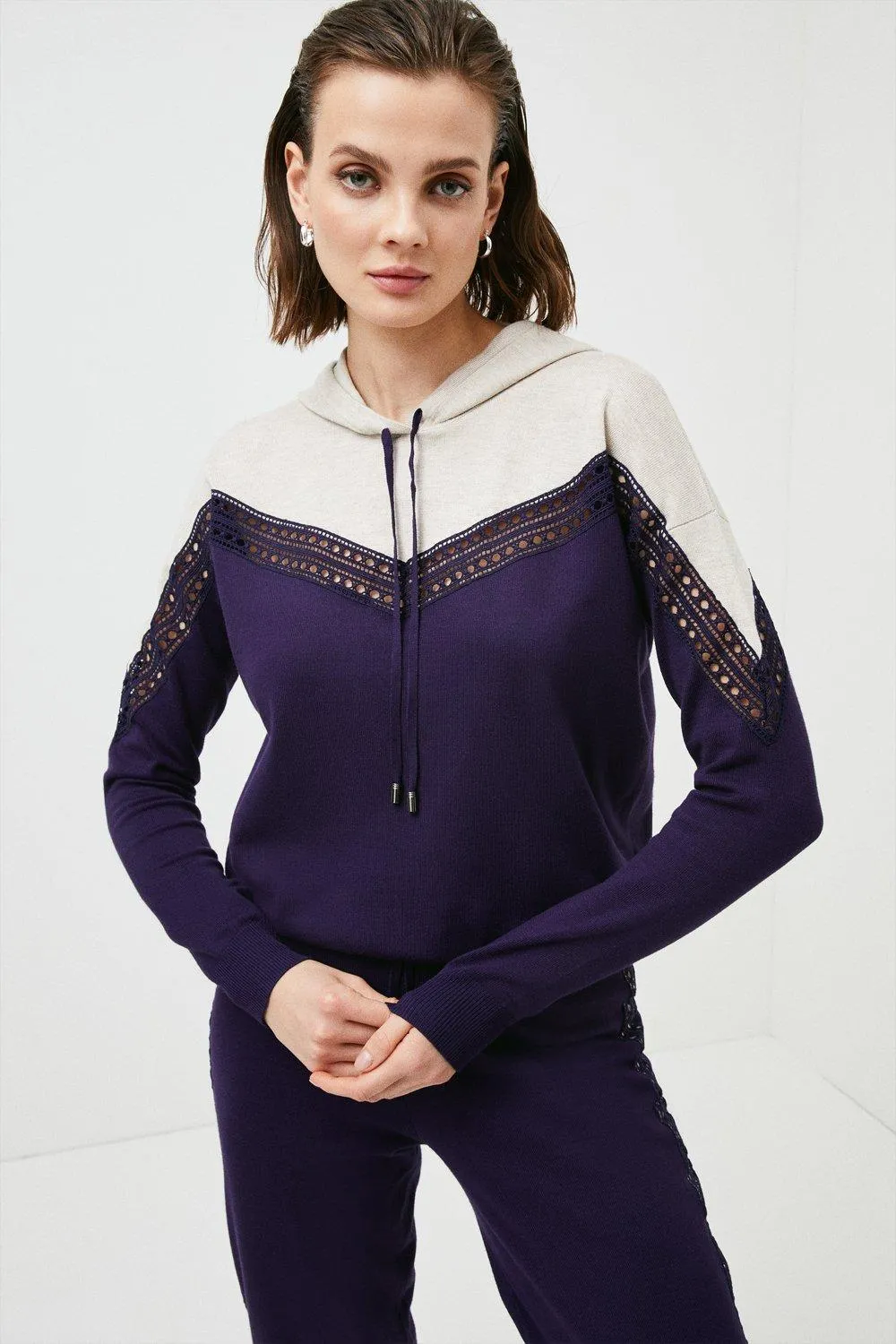 Lace Insert Knitted Hoody | Karen Millen