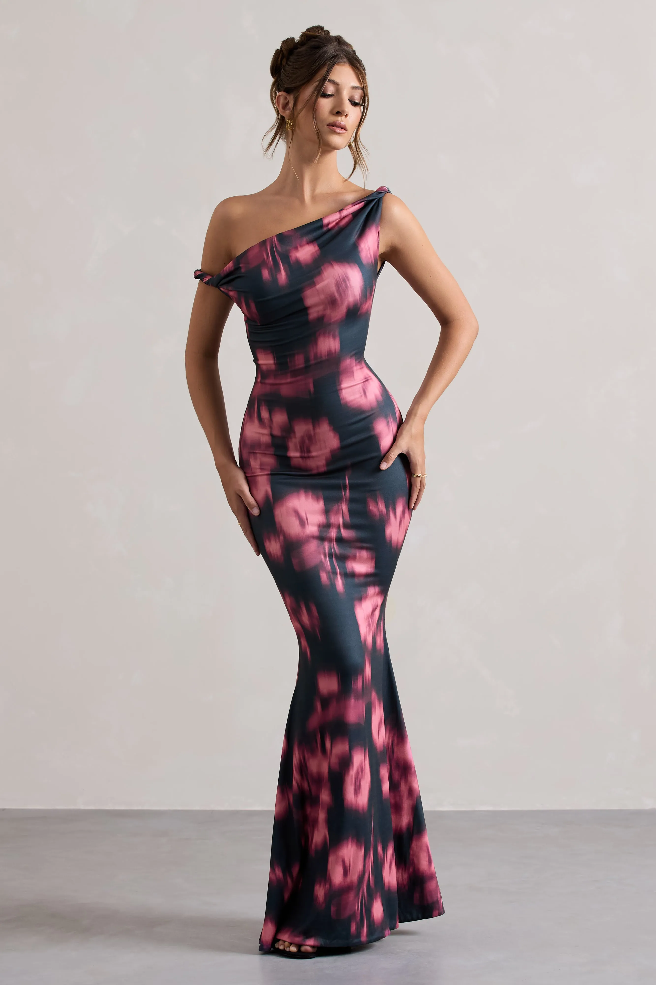 Lita | Pink Abstract Print Twisted Asymmetric Maxi Dress