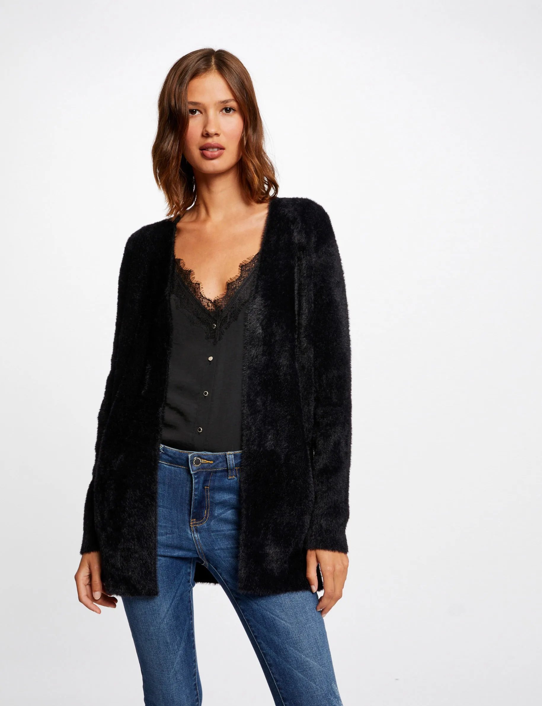 Long cardigan with fluffy knit black women