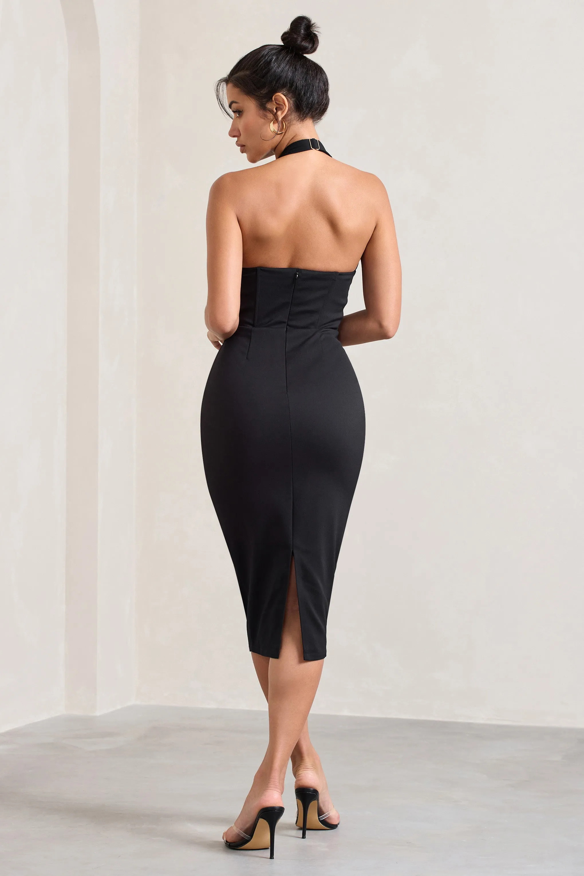 Mariah | Black Halter-Neck Corset Midi Dress