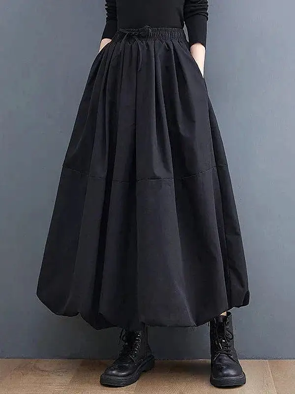 Maxi Black Chiffon Skirt with Drawstring Pocket - Plus Size