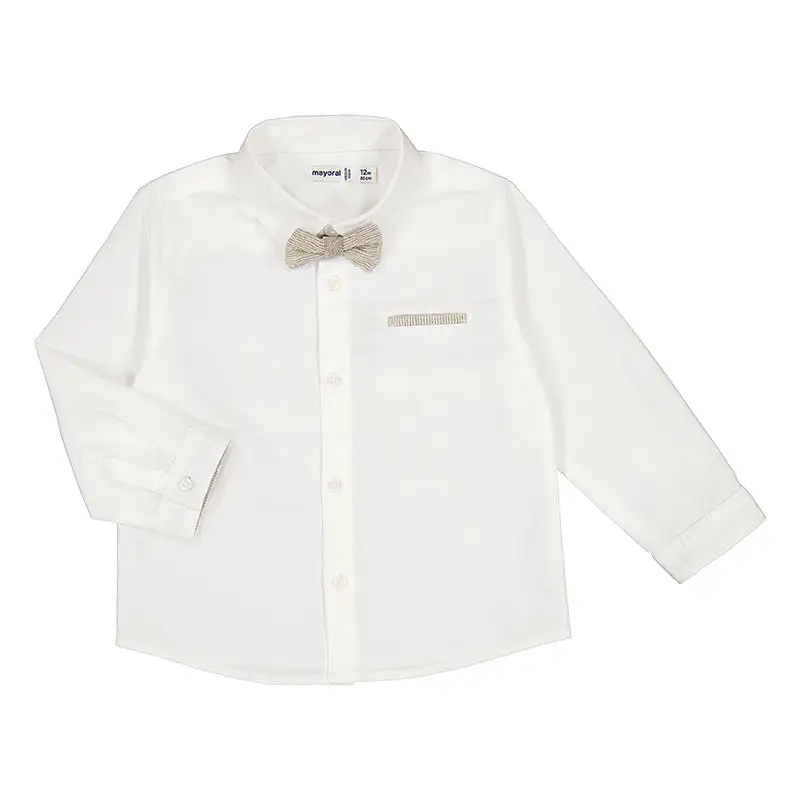 Mayoral Baby White Long Sleeve Cotton Dress Shirt w/ Bow_ 1116-12