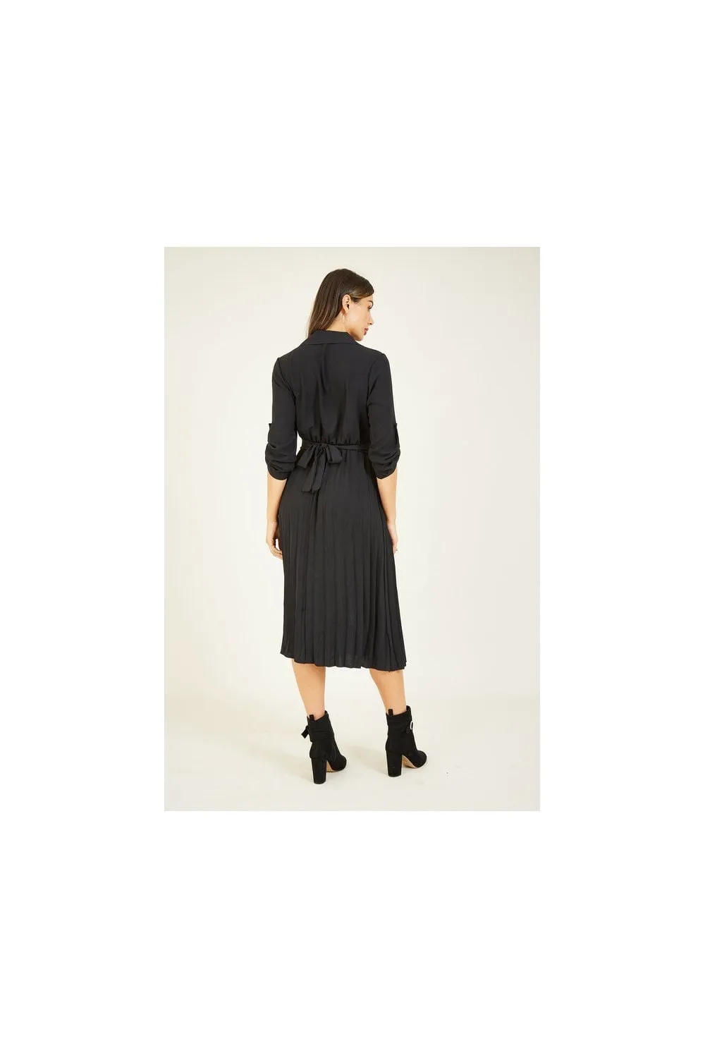 Mela Black Pleated Midi Shirt Dress