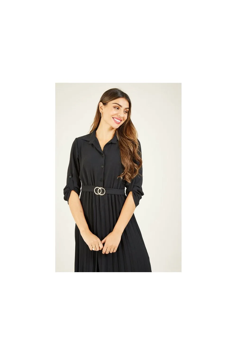 Mela Black Pleated Midi Shirt Dress