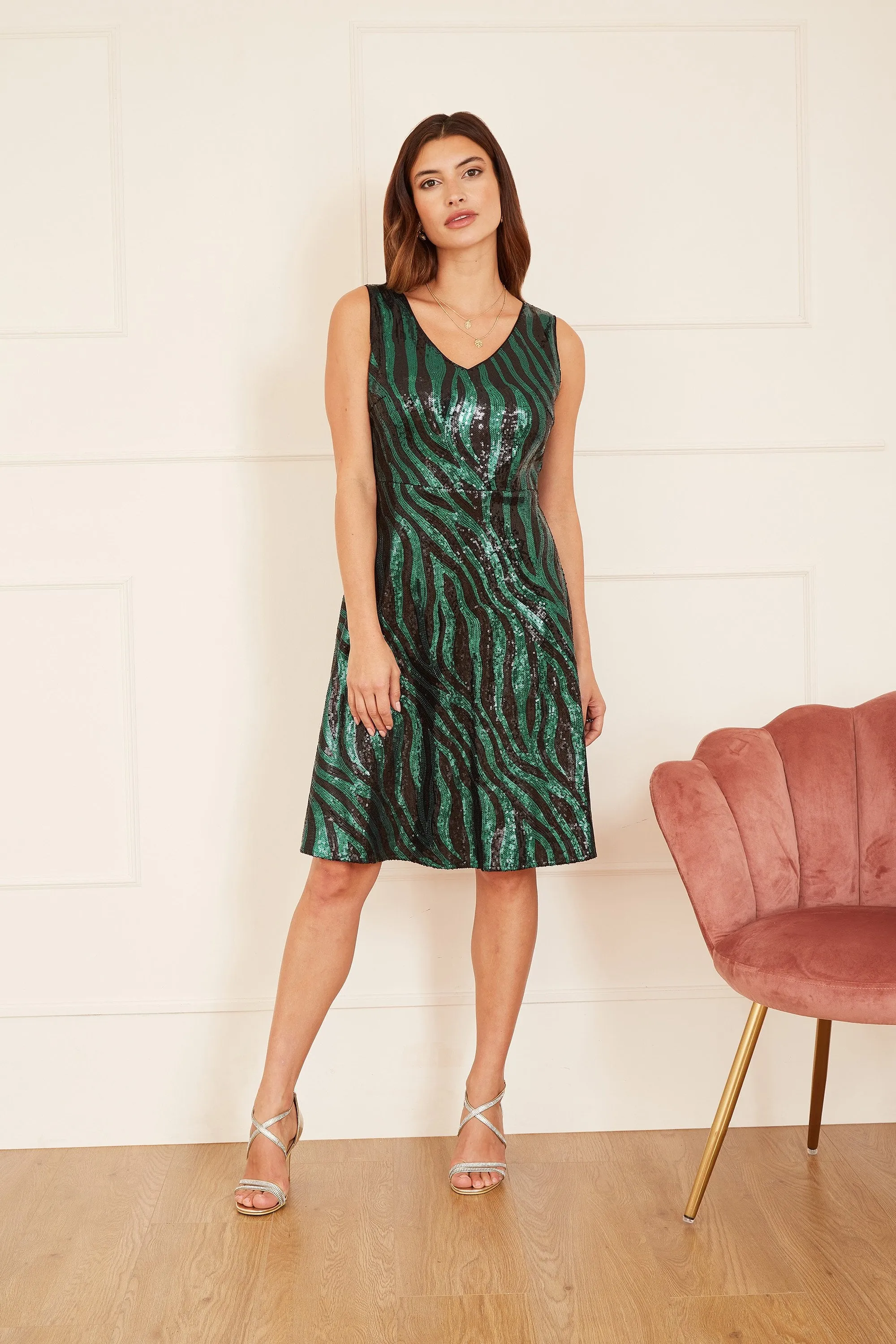 Mela Green Zebra Sequin Skater Dress