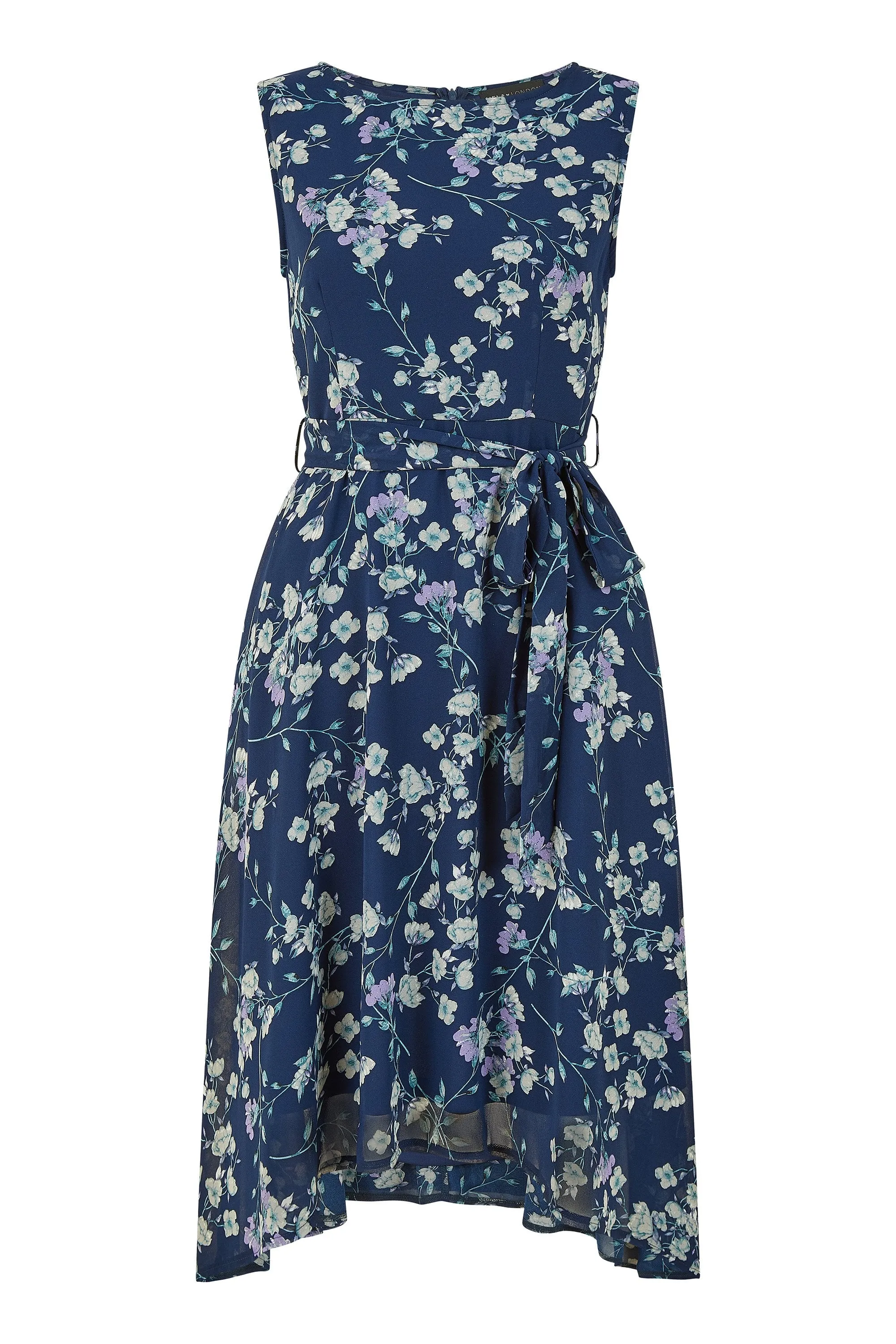 Mela Navy Floral Dipped Hem Skater Dress